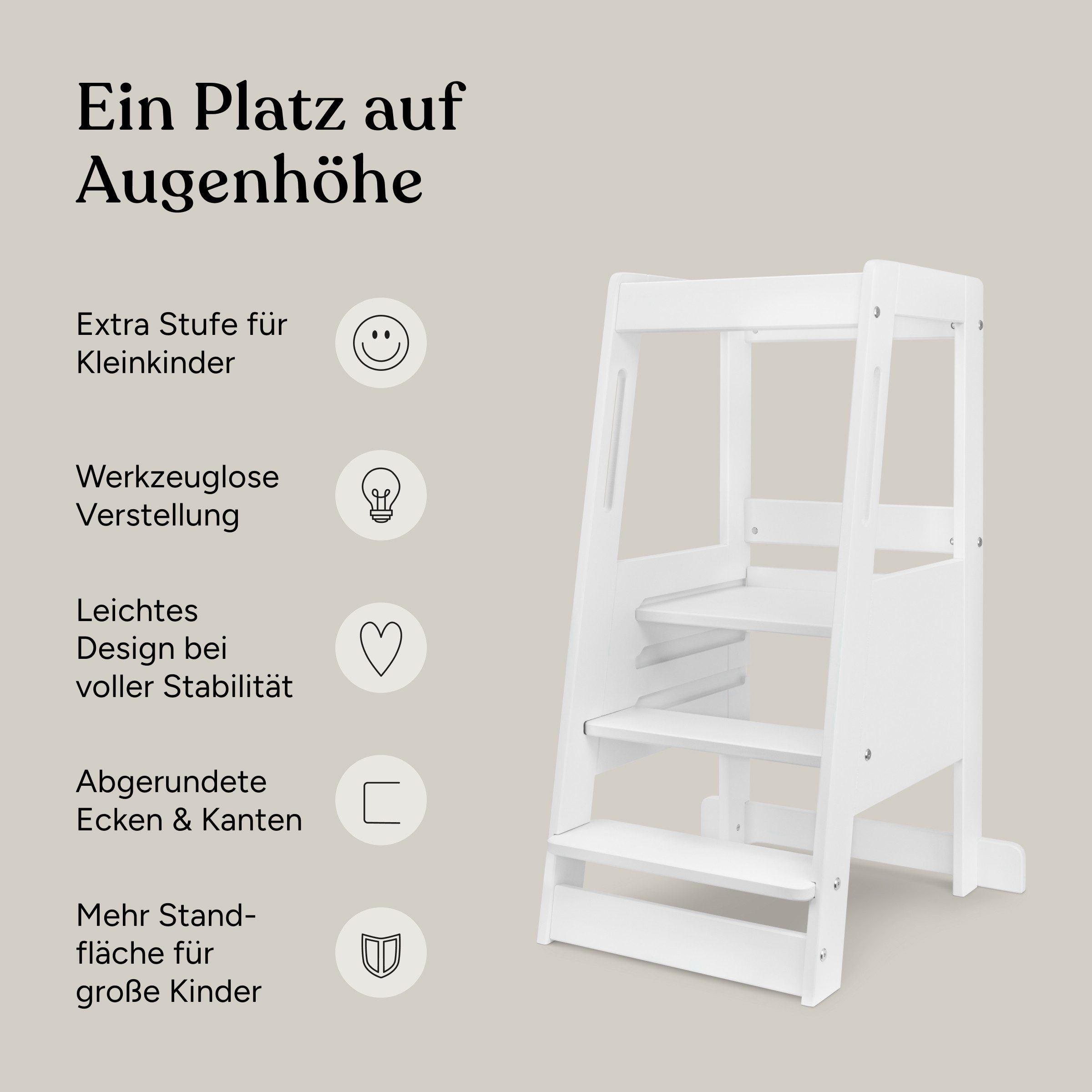 Ehrenkind Stehhilfe Lernturm mit extra Kleinkindstufe, Montessori Tritthocker für Kinder (Buche weiß lackiert, 3-fach höhenverstellbarer Standfläche), geeignet ab ca. 12 Monaten, sobald das Kind sicher stehen kann