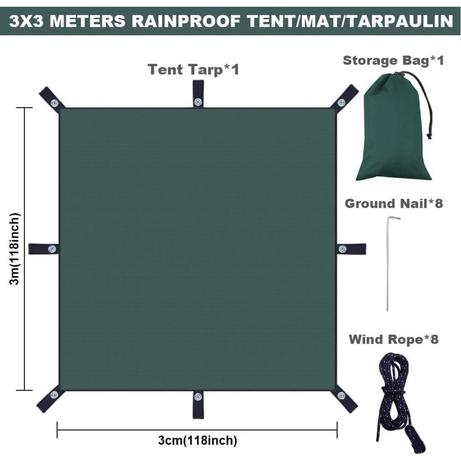 LuxusKollektion Tarp-Zelt Tarp wasserdicht 3x3m ultraleicht Armeegrün(mit Verbindungsseil) 3x3m