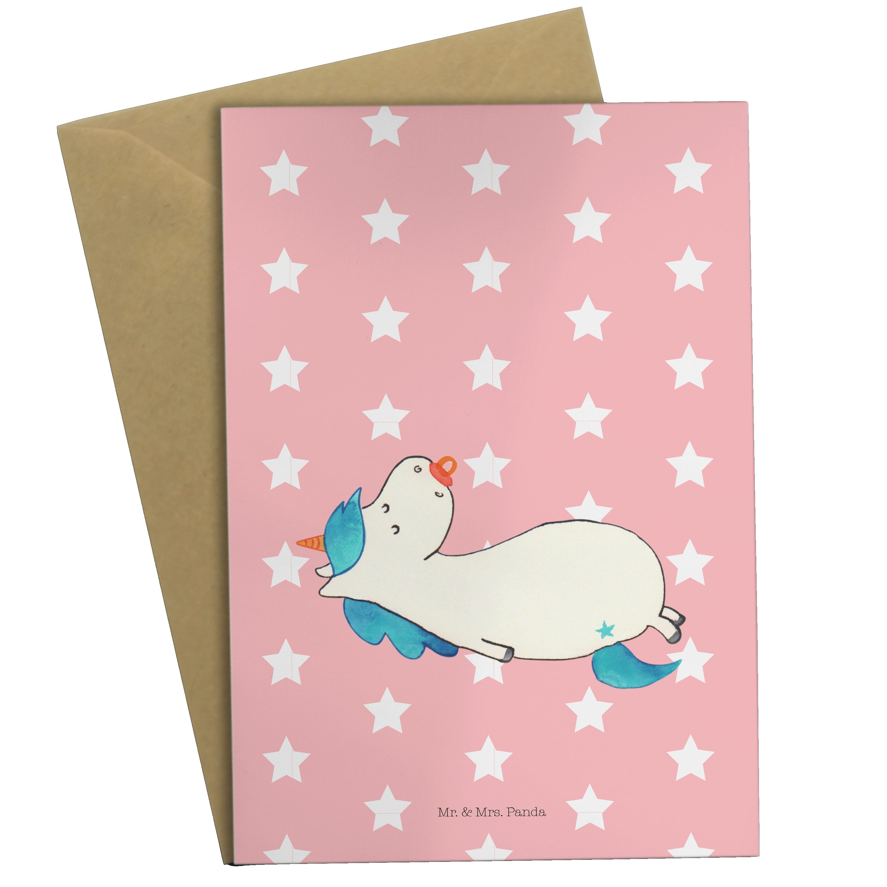 Mr. & Mrs. Panda Grußkarte Einhorn Schnullie - Rot Pastell - Geschenk, Pegasus, Baby, Einhörner