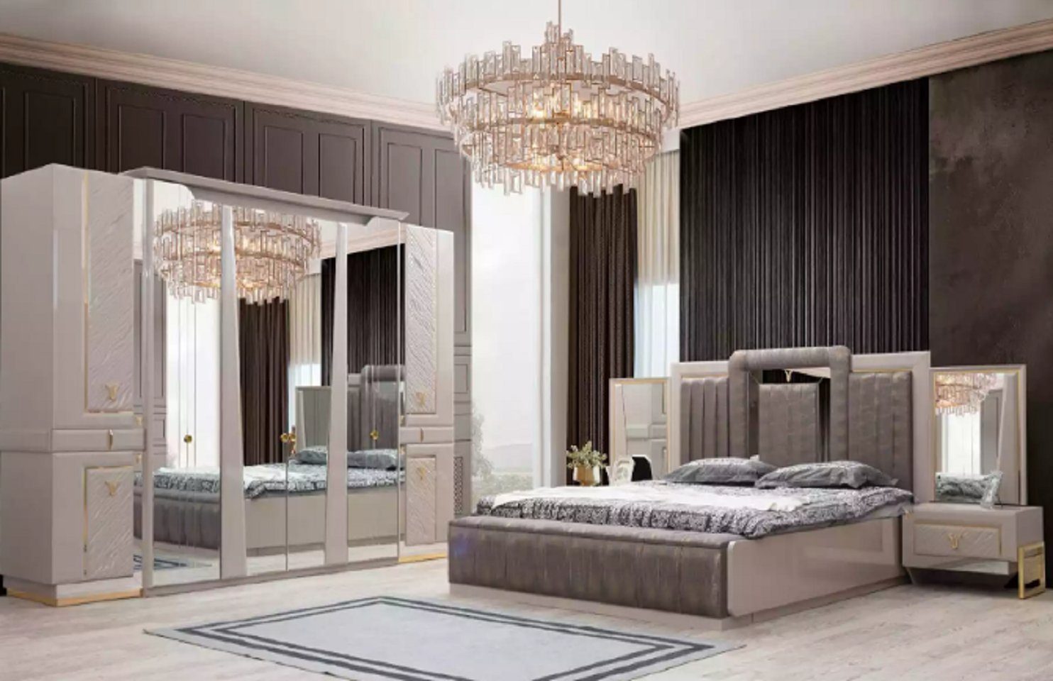 JVmoebel Schlafzimmer-Set Luxus Europa in Bett Schlafzimmer 4tlg + (4-St., Modern + 2x Kleiderschrank 2x Set Kleiderschrank), Bett Nachttische Made Nachttisch