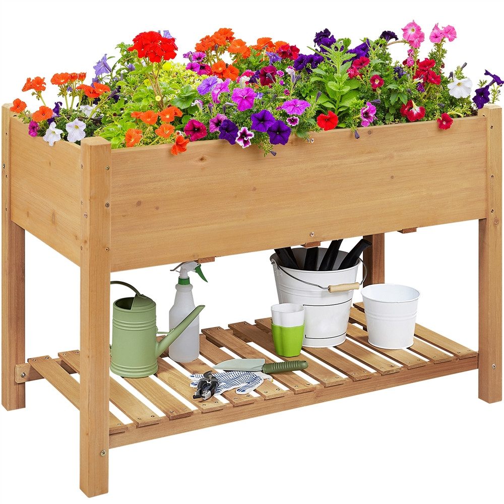 Yaheetech Hochbeet Pflanzkasten aus Massivem Tannenholz, Blumenkasten mit Ablagefach für Garten/Hof/Balkon/Außenbereich