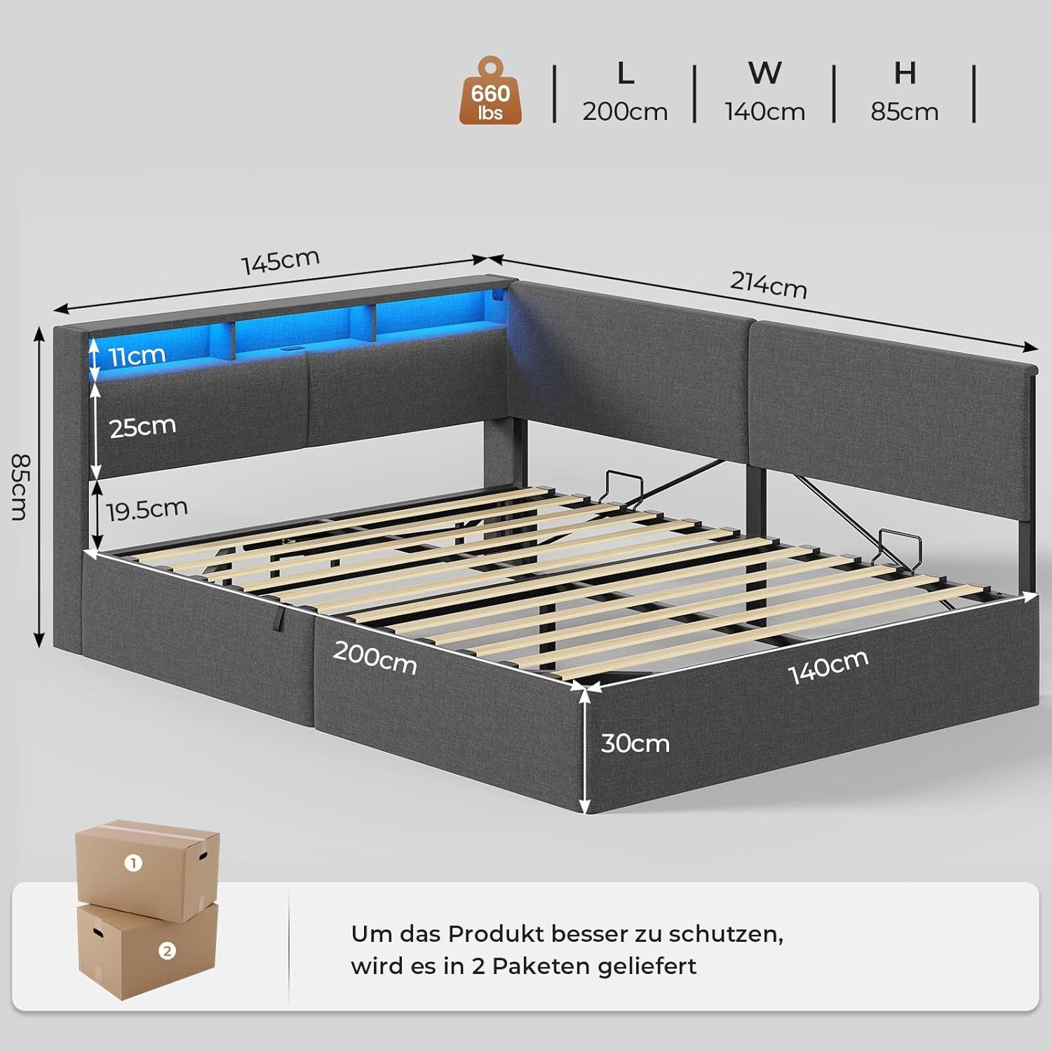 MSMASK Polsterbett mit USB-Steckdosen & LED-Kopftei, günstig online kaufen