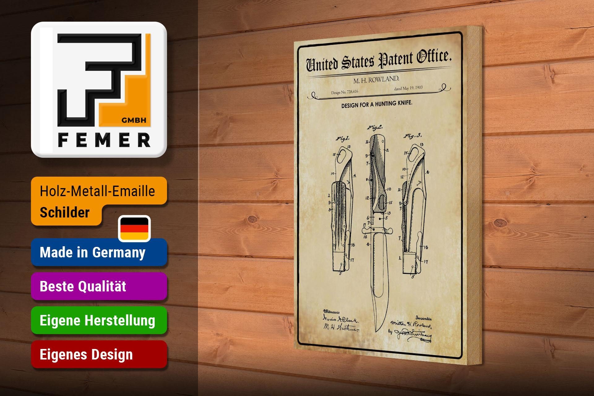 Femer GmbH Holzbild Patent 20x30 cm Entwurf für ein Jagdmesser, (1 St), Glatte Holzfaserplatte (MDF), vorn beschichtet