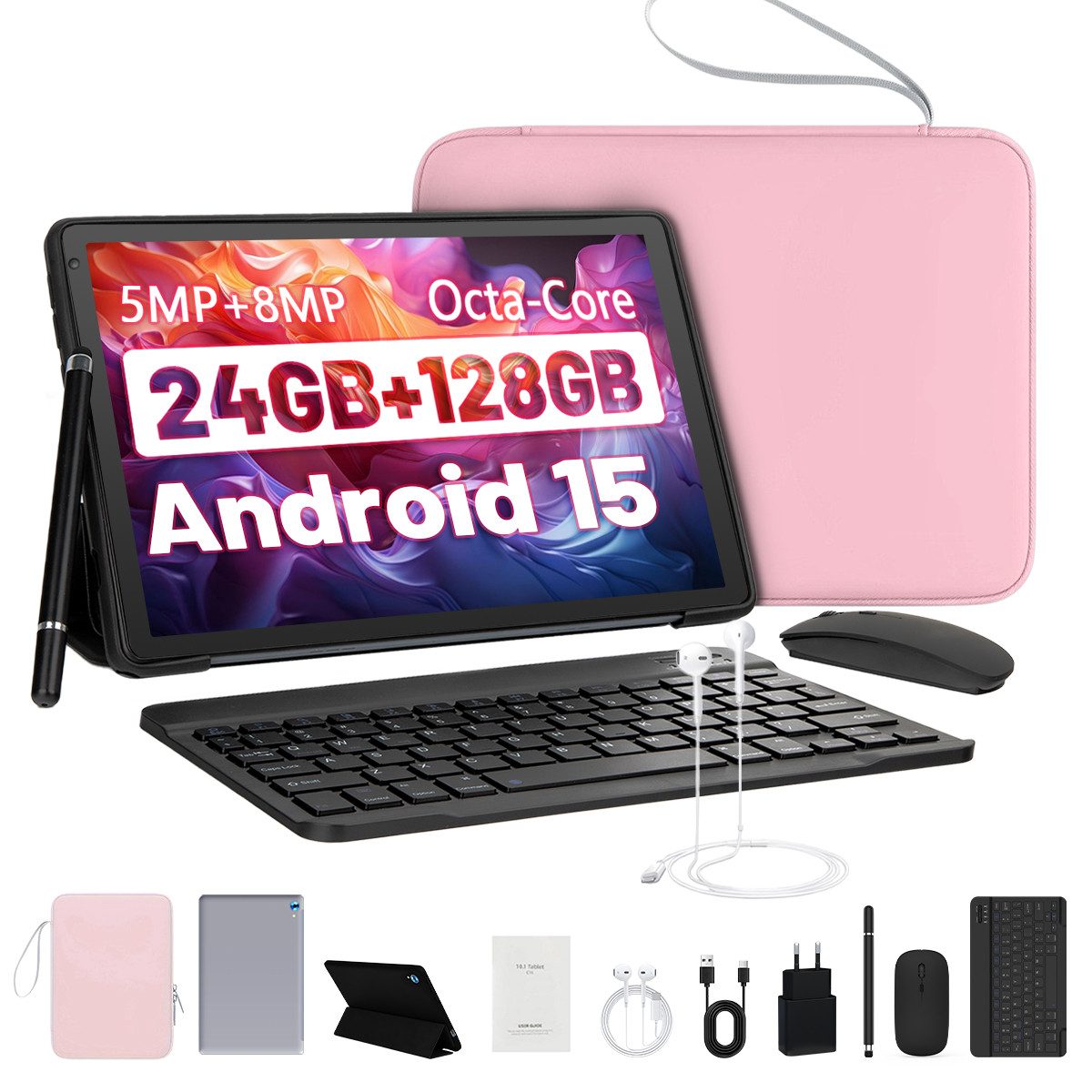 Happybe 10,1 Zoll Android 15, 4GB RAM 128GB mit Tastatur Maus Stylus Hülle Set Tablet (10", 128 GB, Android, WiFi 6, 1280×800 HD, mit Tastatur/Stift/Maus/Tasche/Hülle/Kopfhörer)