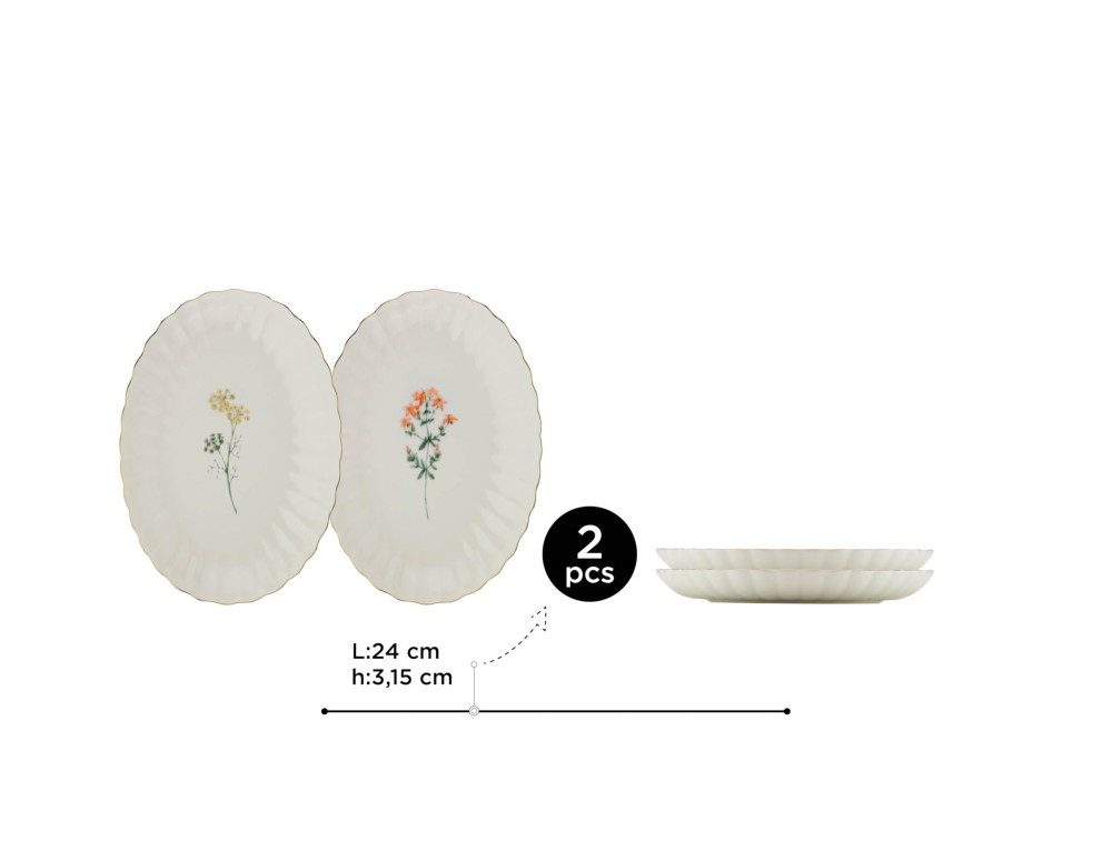 Kütahya Porselen Teller-Set Kütahya Porselen 2er Oval Teller Set 24 cm Porzellan Weiß Goldrand