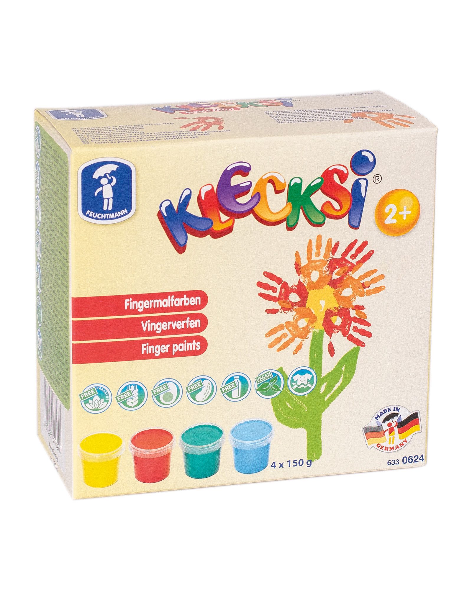 Feuchtmann Fingerfarbe KLECKSi Basic Mini, 4 x 150g hautfreundliche Fingermalfarbe für Kinder