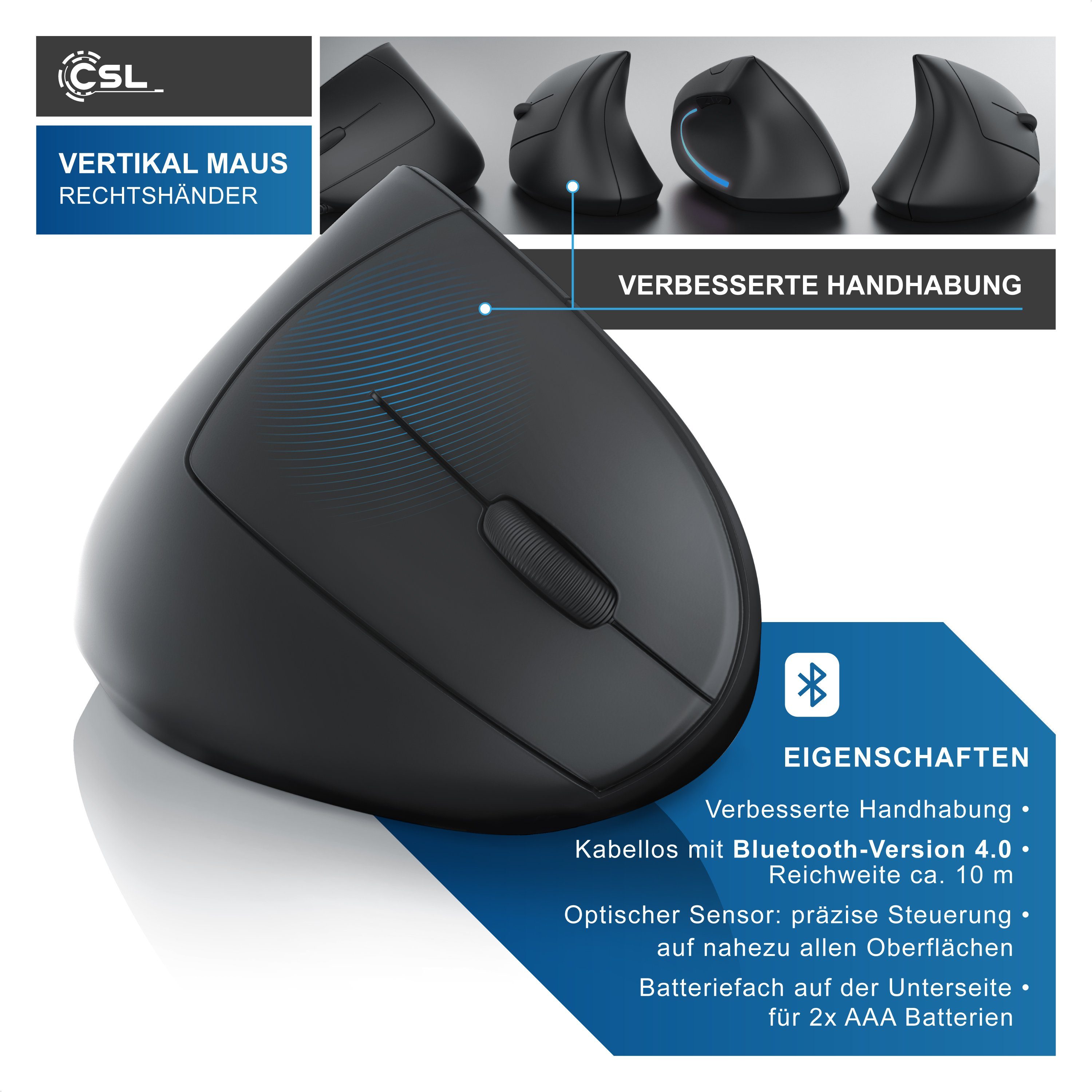 CSL Vertikalmaus, Kabellose mit Bluethooth ergonomische Maus (Bluetooth, Vorbeugung gegen Mausarm, für PC Laptop Notebook und Tablet)
