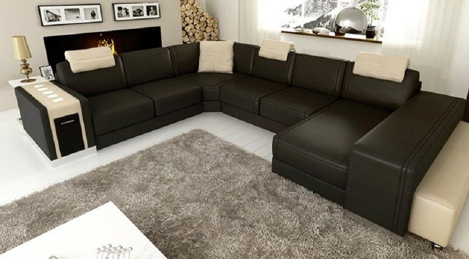 JVmoebel Ecksofa, Design Ecksofa Sofa Wohnlandschaft U Form Polster Couch Ledersofa Braun/Beige