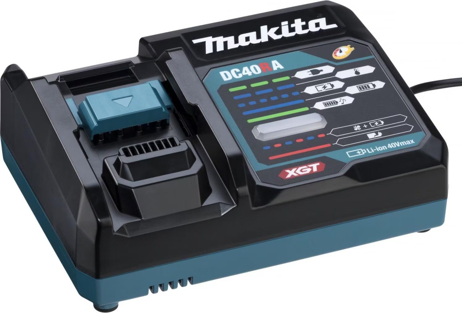 Makita DC40RA Schnellladegerät – 40V max XGT Ladegerät Akku-Ladestation (BL4020 (2,0 Ah), BL4025 (2,5 Ah), BL4040 (4,0 Ah), BL4050F (5,0 Ah) und BL4080F (8,0 Ah), Zwei Lüfter zur Kühlung, Wählbare Melodie als Ladesignal)