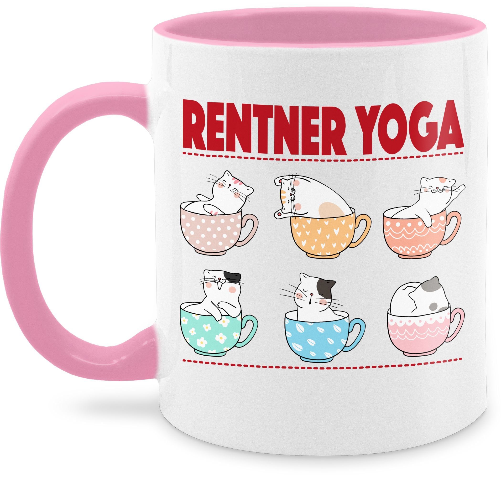 Shirtracer Tasse Rentner Yoga Katzen in Tassen, Keramik, Rente Geschenk Kaffeetasse 2 Rosa