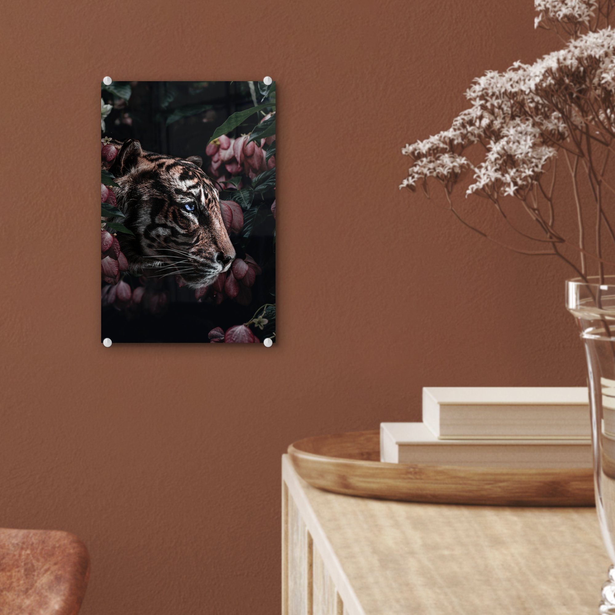 MuchoWow Acrylglasbild Tiger - (1 Wandbild Glas Blumen, bunt - Glas auf St), - - auf Glasbilder Bilder Foto Rosa - Wanddekoration