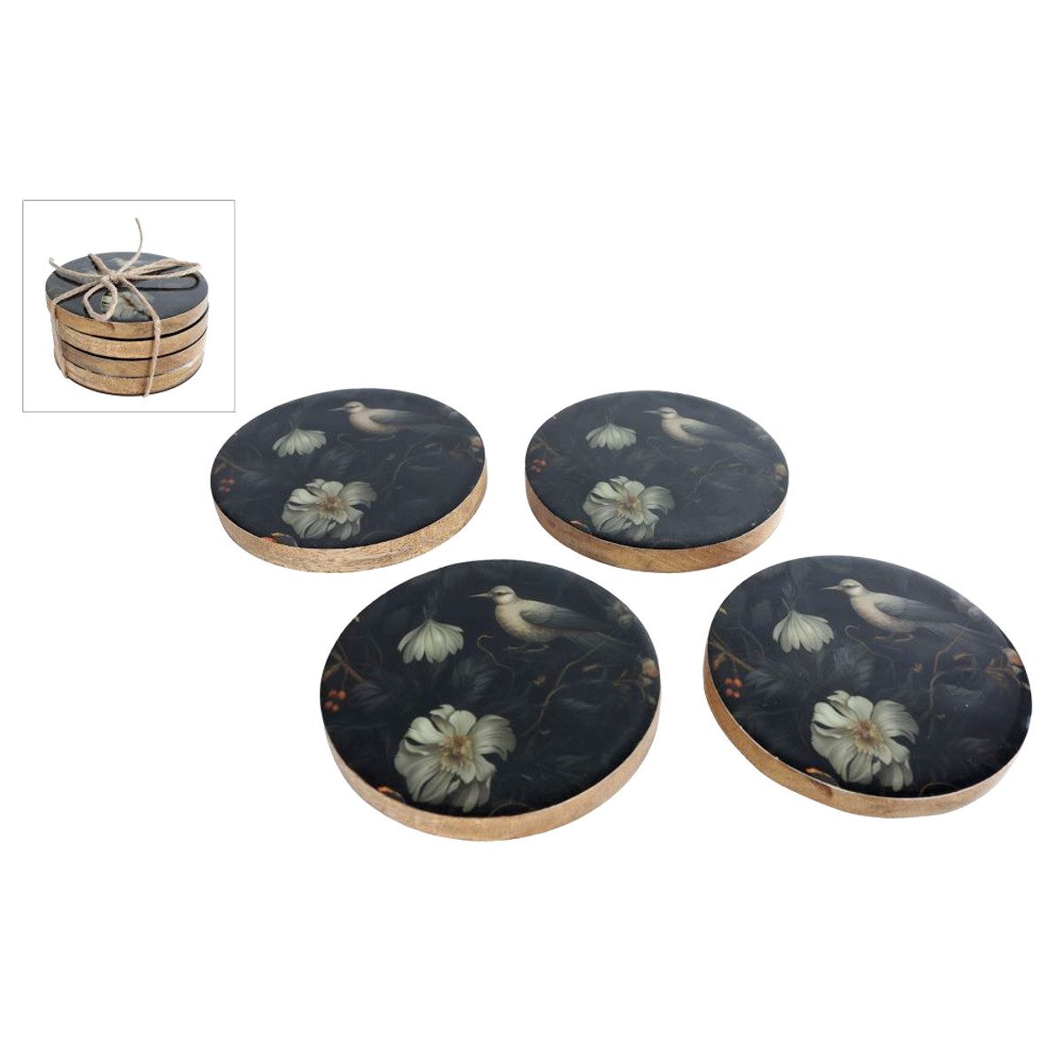 Macosa Home Glasuntersetzer 4 Stück rund Mangoholz 10 cm Schwarz Floral Glasuntersetzer, Untersetzerset, Untersetzer Tischuntersetzer Getränke-Untersetzer