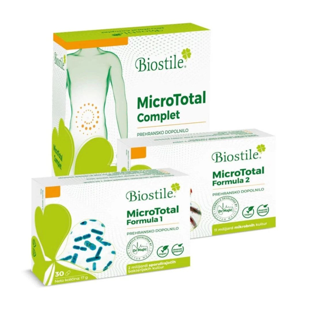 Biostile MicroTotal Complet mit 2 Formeln und 9 Bakterienstämmen - Kapseln, 34 g, Mit Inulin, Spirulina, Beta-Carotin und Vitamin A, 60 Kapseln