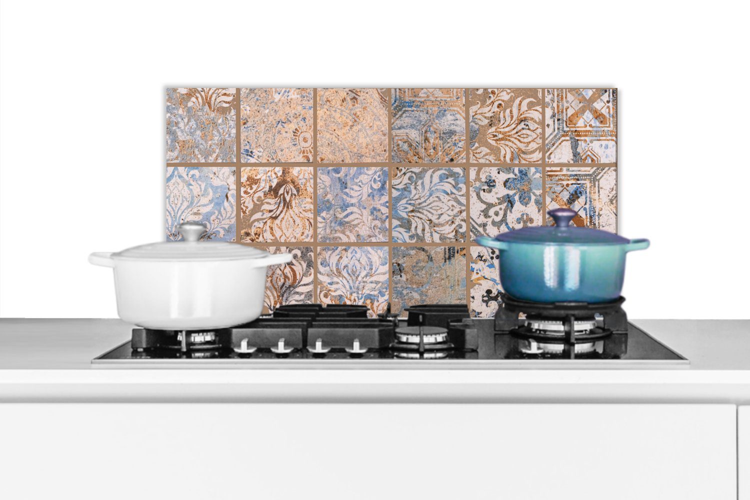 MuchoWow Küchenrückwand Antiquitäten - Kacheln - Braun - Blau, (1-tlg), 60x30 cm, Wandschutz, gegen Fett und Schmutzflecken für Küchen