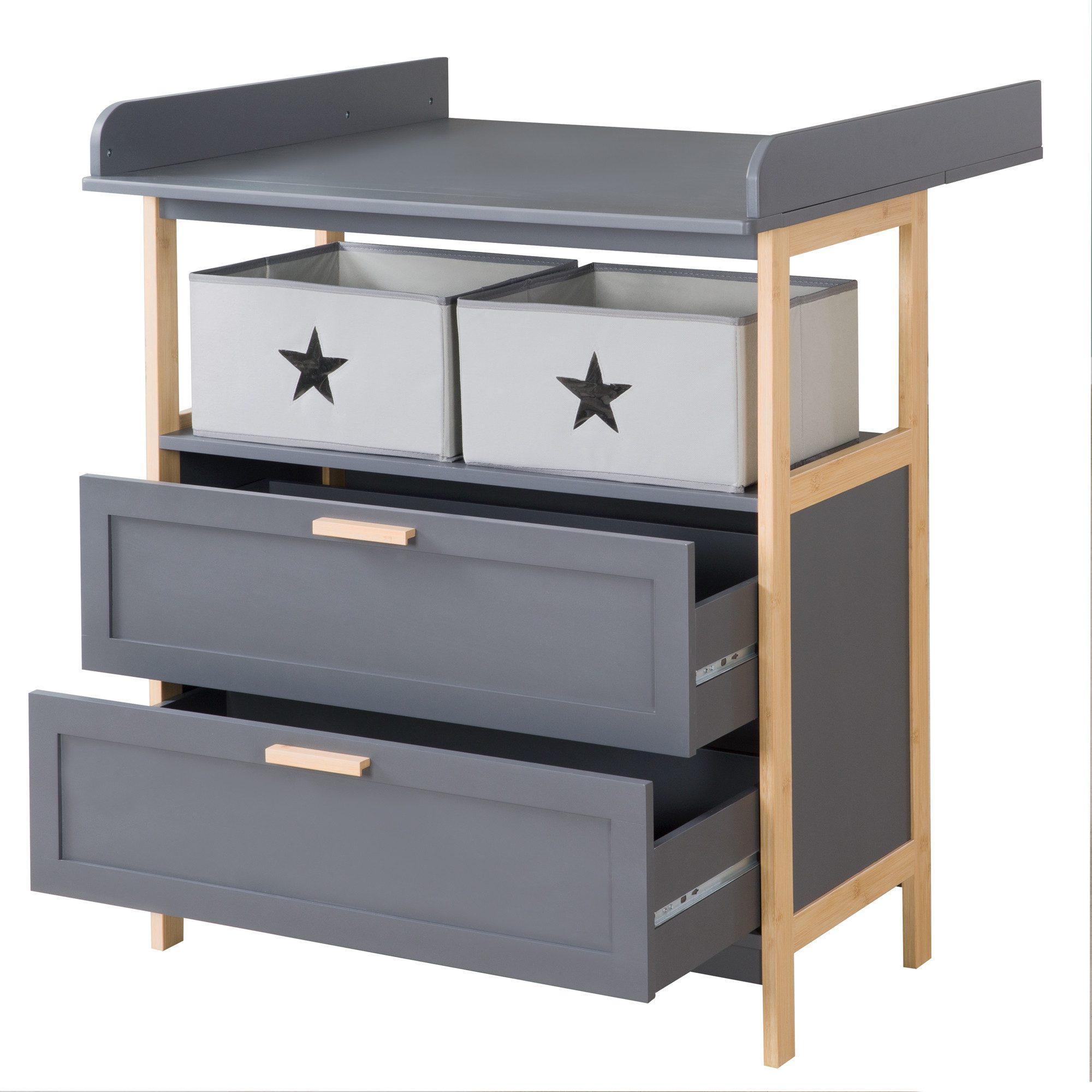 roba® wrap dresser Berlin - Frame + handles made of bamboo wood - Anthracite, removable wrap attachment - changing table with 2 drawers & fabric boxes