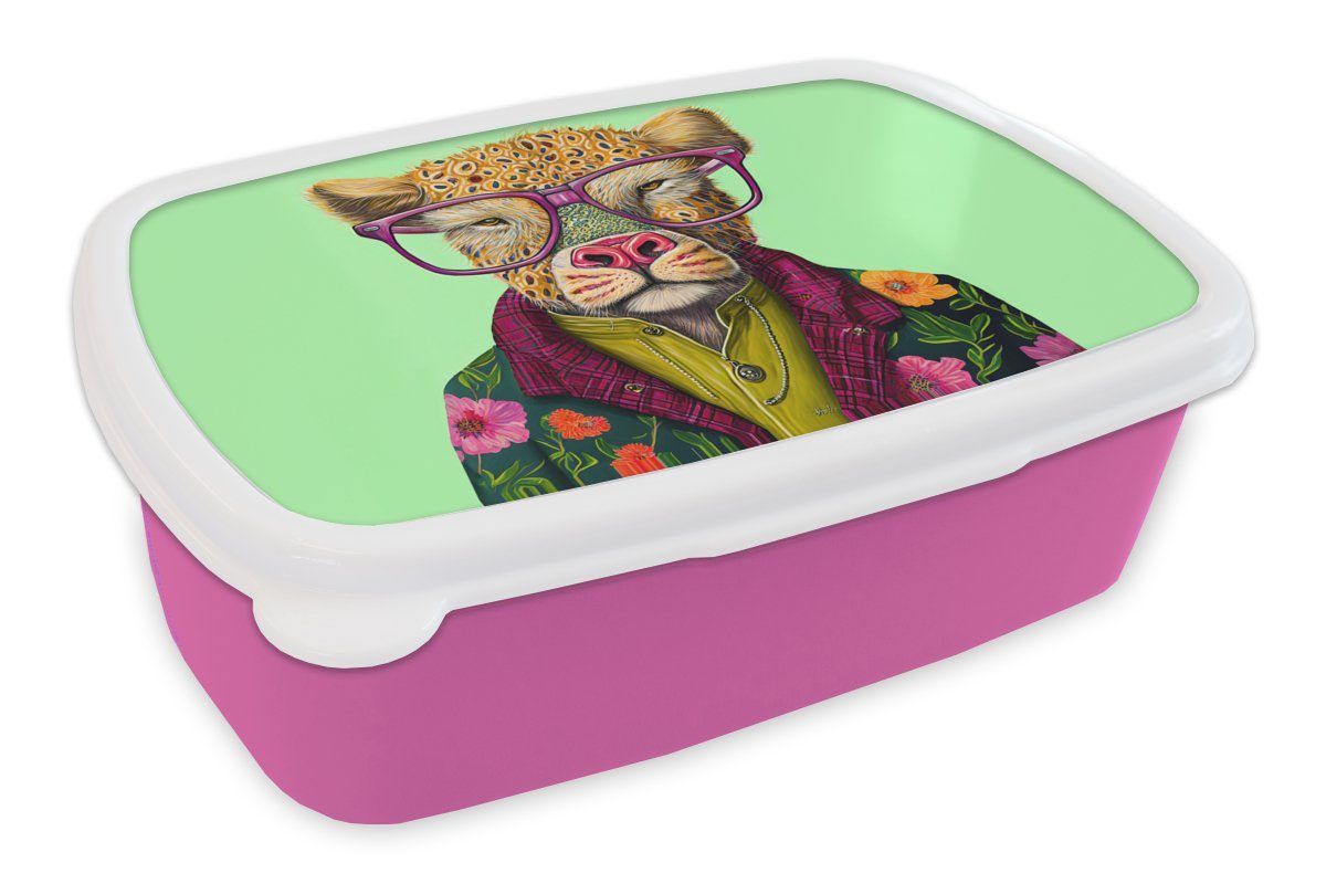 MuchoWow Lunchbox Tiere - Brille - Mädchen, Kinder, rosa Kunststoff Design, Brotdose Snackbox, Hund Kunststoff, - (2-tlg), Brotbox Erwachsene, für