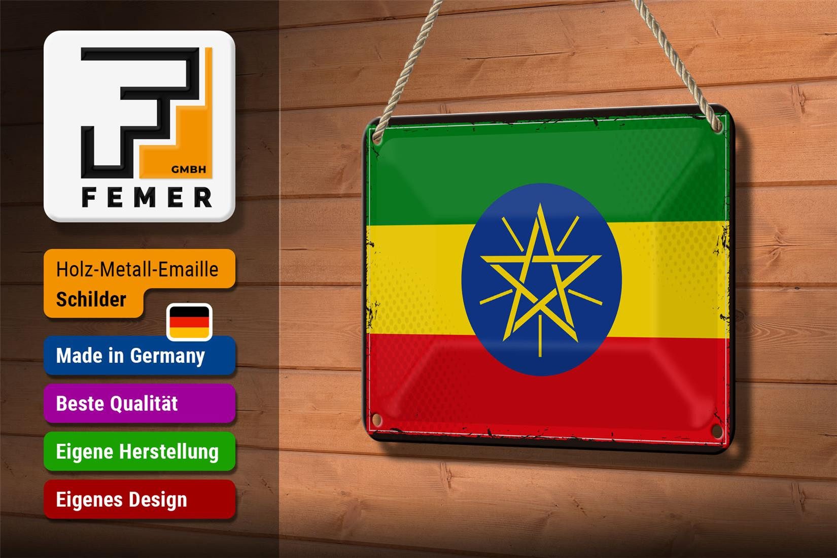 Femer GmbH Metallschild Flagge Äthiopiens 18x12cm Retro Flag Ethiopia, (1 St), gewölbte Oberfläche, abgerundete Ecken, umgeschlagene Kanten