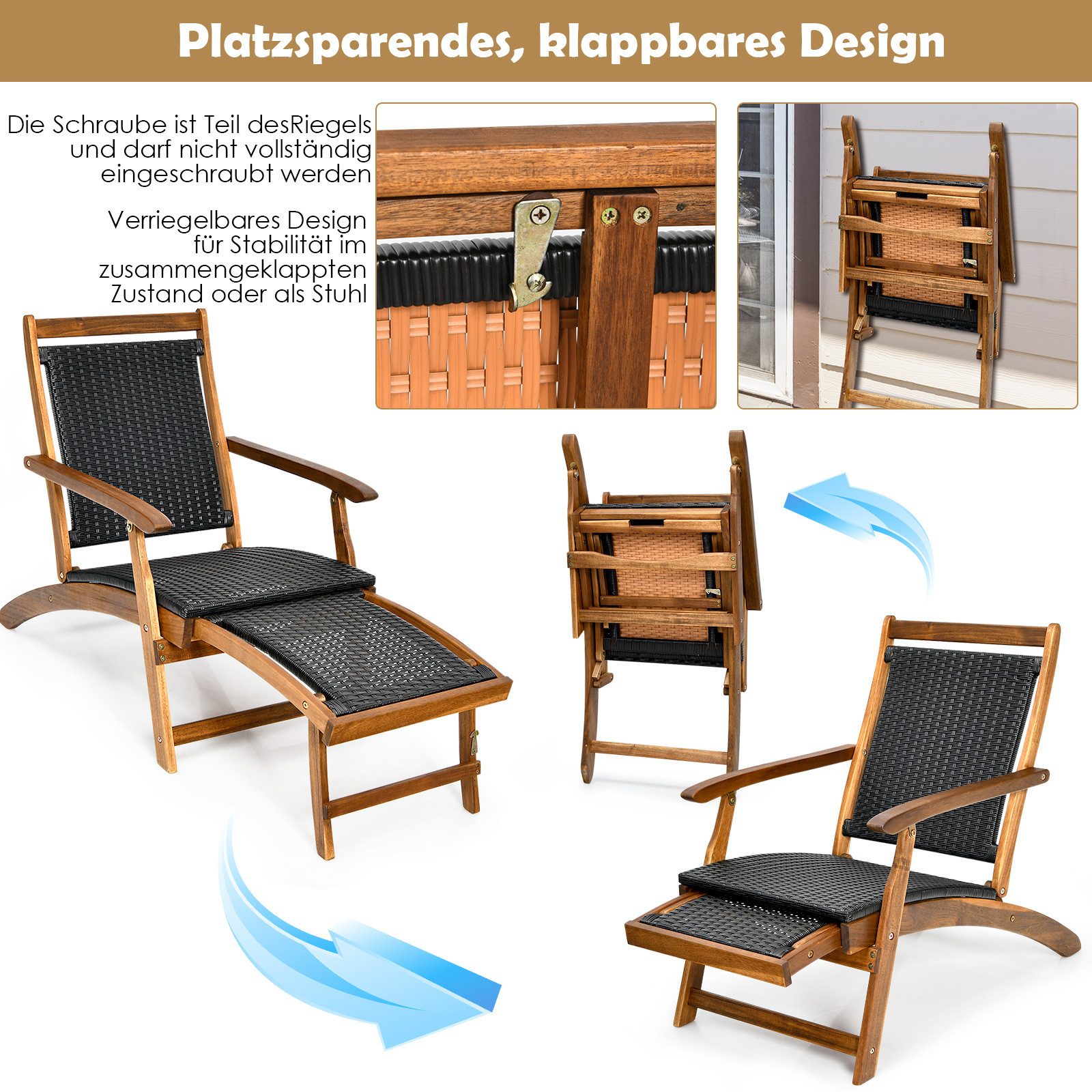 COSTWAY Gartenliege, Sonnenliege klappbar mit ausziehbarer Fußteil Rattan 160kg