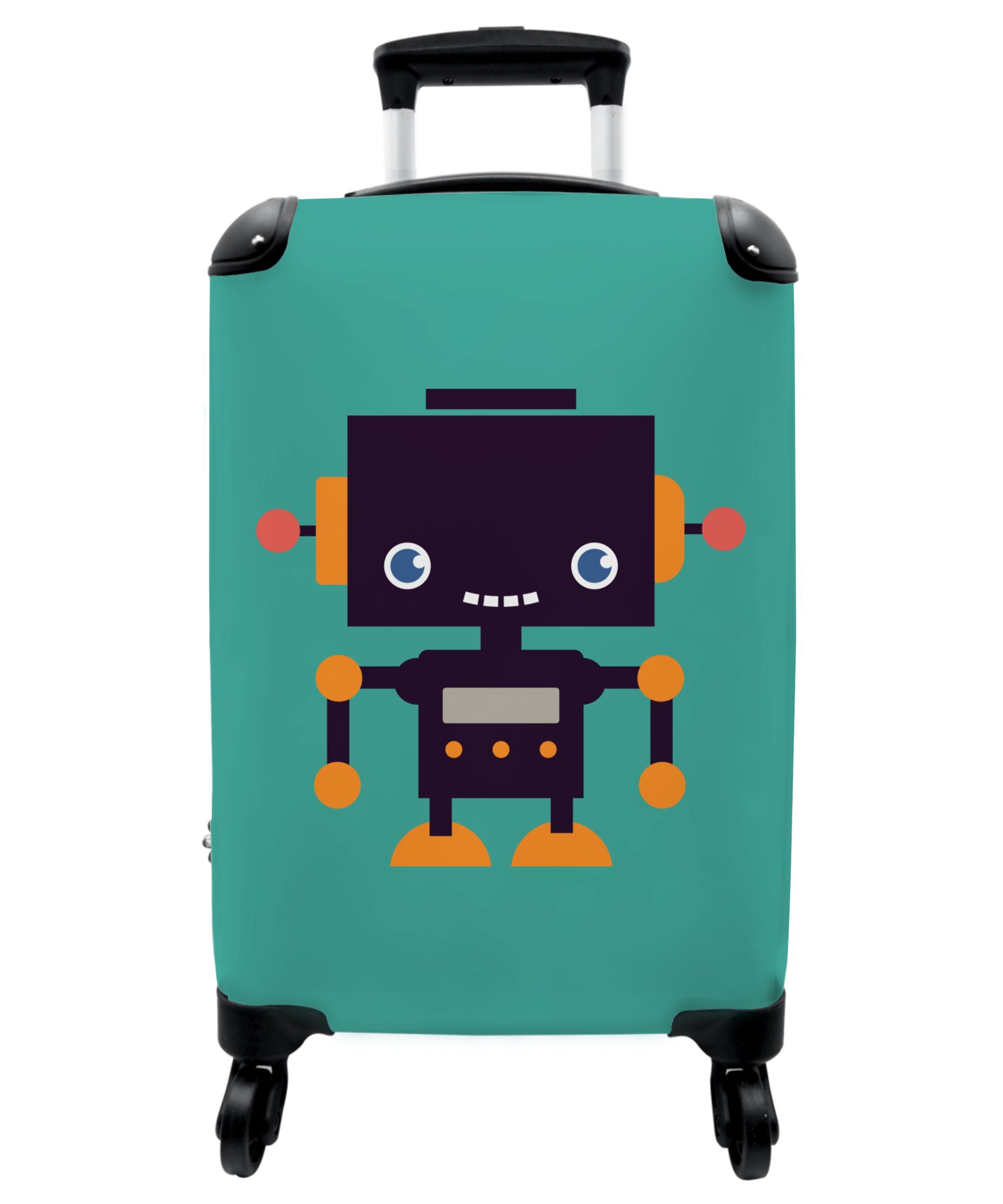 NoBoringSuitcases.com© Kinderkoffer 55x35x20cm Roboter - Grün - Antenne - Orange - Kinder, 4 Rollen, Kindertrolley, Handgepäck, Reisekoffer für Jungen