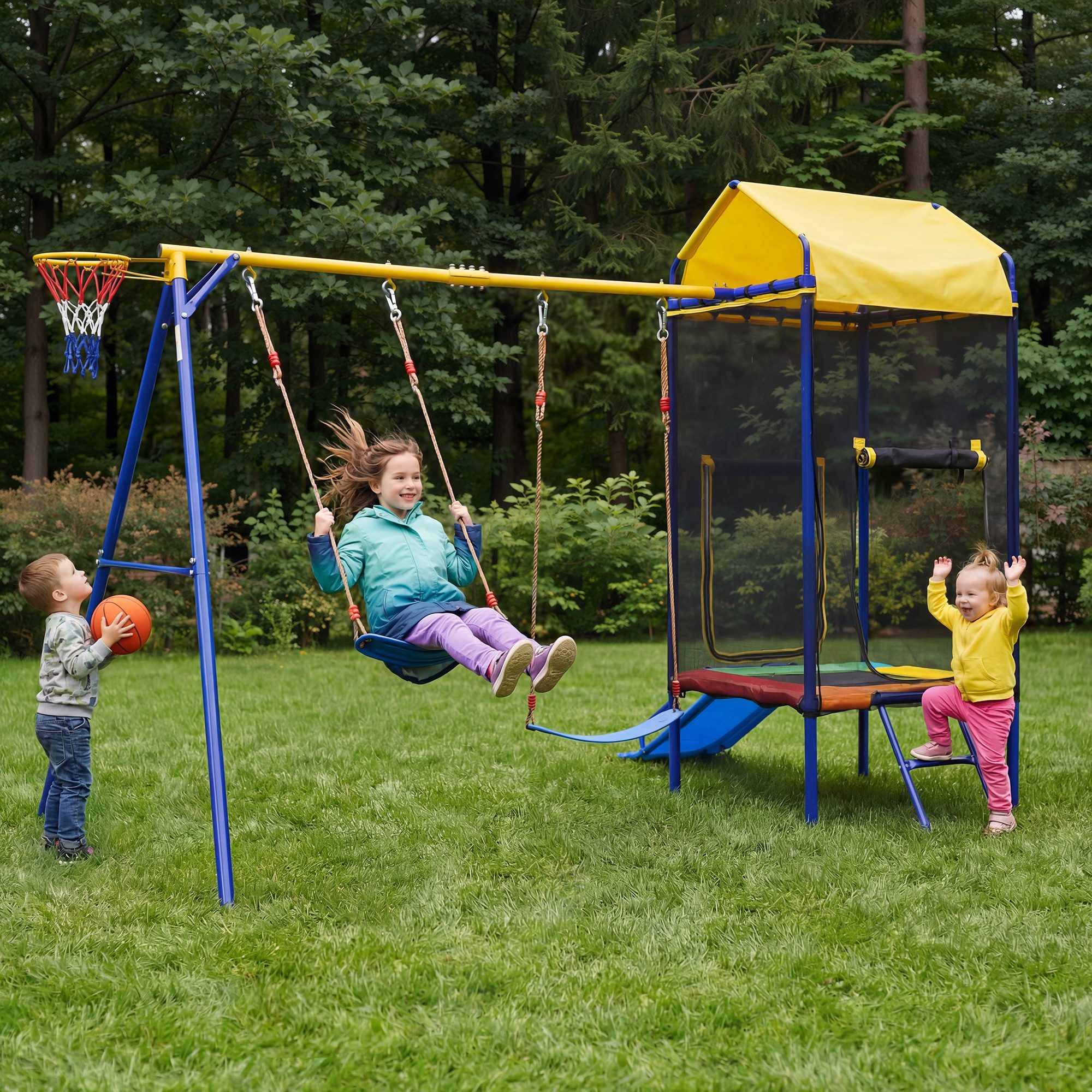 Merax Spielturm mit Sicherheitsnetz, 4-in-1 Spielgerät mit Trampolin Doppelschaukel Rutsche Basketballkorb