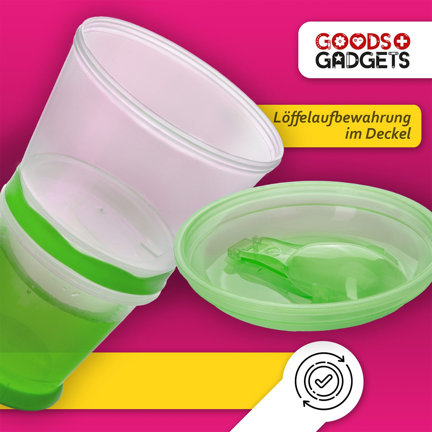Goods+Gadgets Aufbewahrungsbecher GOODS+GADGETS Müsli To-Go Becher 2in1 mit Kühlfach & Klapp-Löffel, (Milchkühlfach & Klapp-Löffel), Joghurt 2-Go Reise-Becher