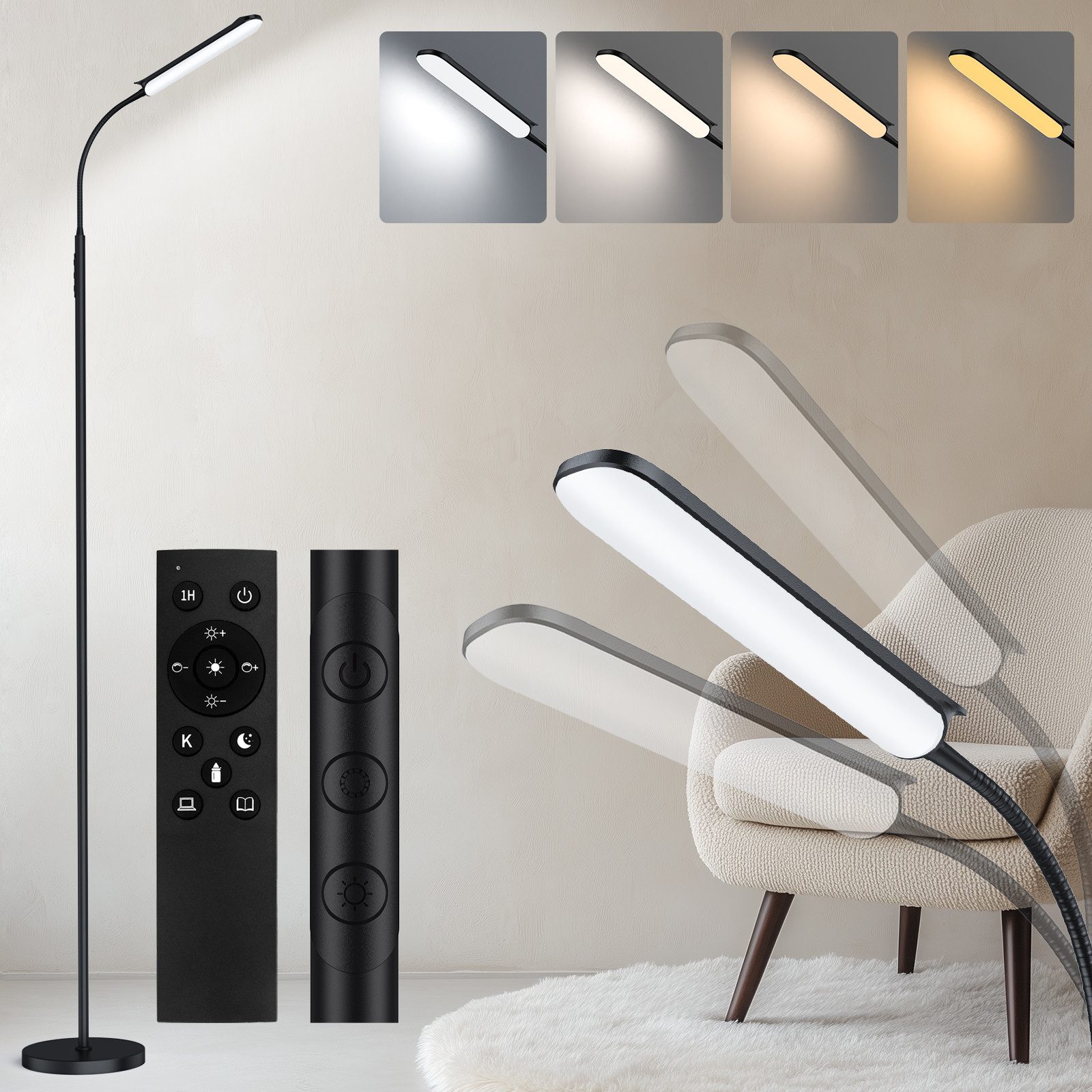 Lujasi LED Stehlampe 18W Dimmbar Stehleuchte 2000LM mit Fernbedienung, lineare Leuchtdichte, Unendliche Farbtemperatur, Leselampe, Stehlampe Wohnzimmer, deckenfluter, Kaltweiß/natürliches Licht/Warmweiß, 360° Flexibler Schwanenhals, 1 Hour Timer, floor la