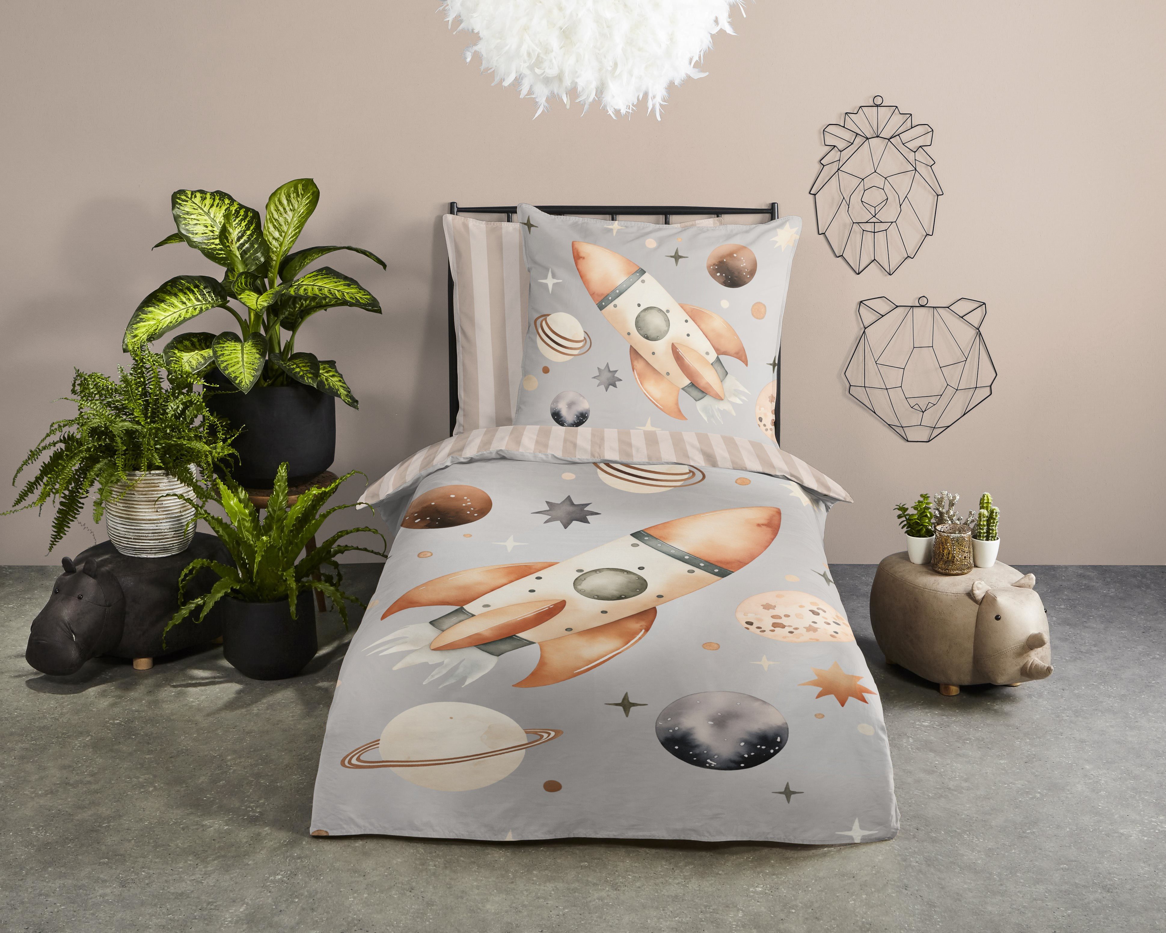 good morning Kinderbettwäsche Exploree, Renforcé, 2 teilig, Baumwolle, Renforcé, Wendeoptik, Kind, Junge, Weltall, Rakete