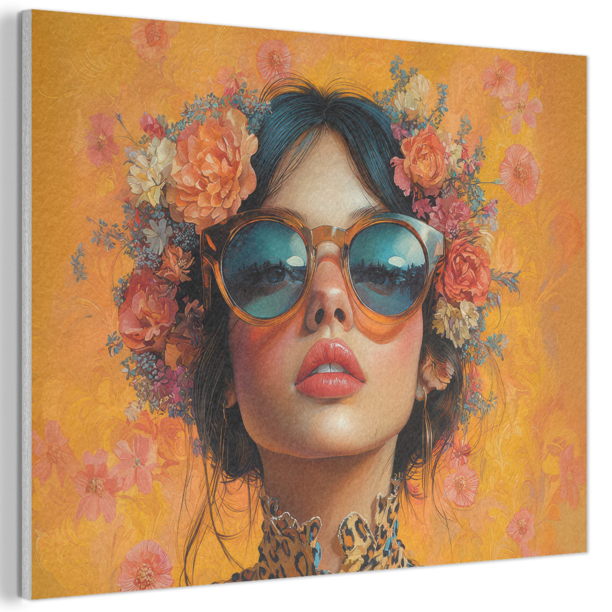 MuchoWow Gemälde Frau - Blumen - Ästhetik - Orange, Fotodruck (1 St), Akustikpaneele PET-Filz, Akustikbild, Schalldämmung, Deko 40x30 cm