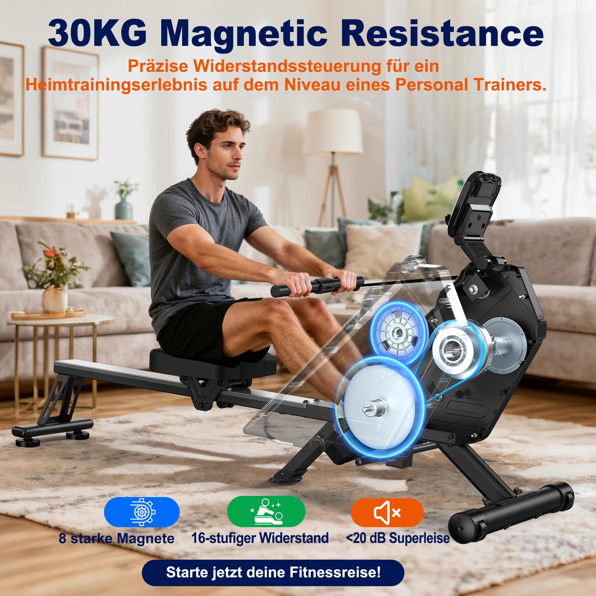 VOWVIT Rudermaschine magnetisch, 16 Widerstandsstufen, leiser Betrieb, App-kompatibel (1-tlg), bis 160 kg belastbar, vertikal platzsparend