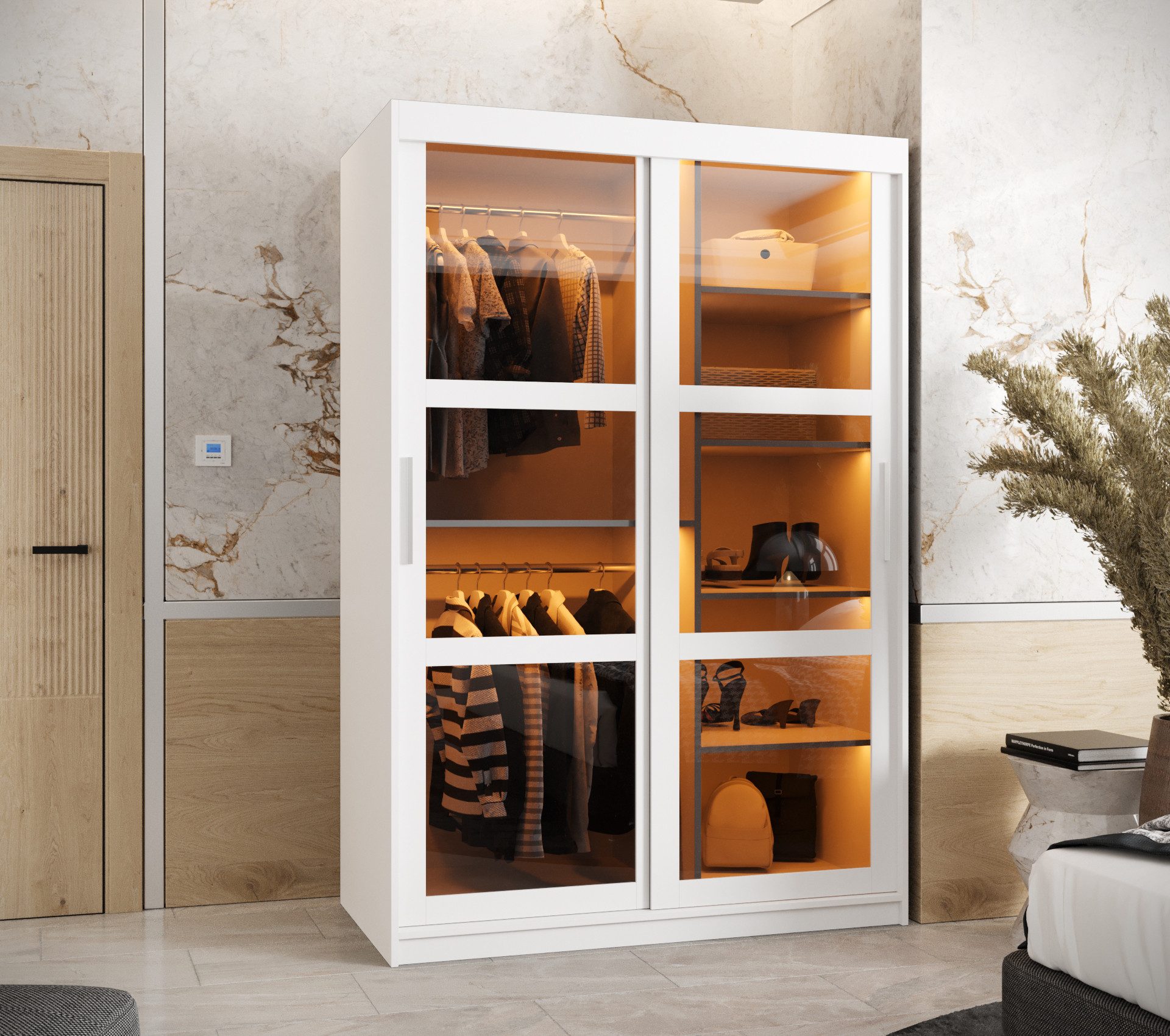 MOEBLO Schiebetürenschrank DEMO mit LED (Kleiderschrank Schwebetürenschrank 2-türig Schrank mit vielen Einlegeböden und Kleiderstange mit LED Gaderobe Schiebtüren Schlafzimmer- Wohnzimmerschrank Modern Design)