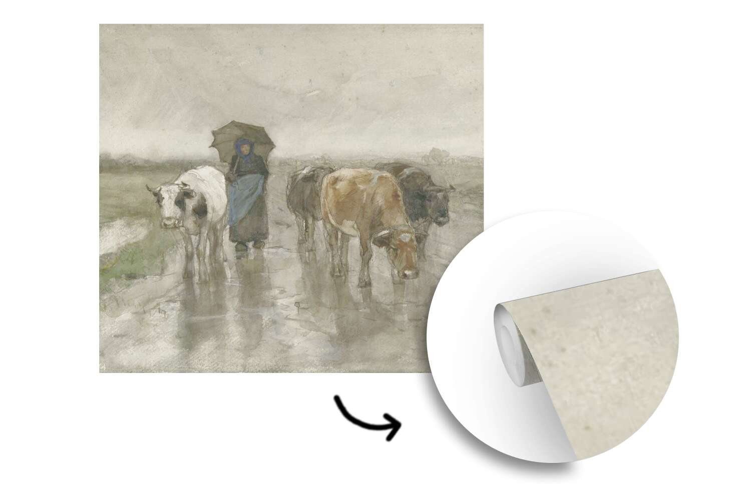 Kühen von, Eine Fototapete MuchoWow St), Vinyl (5 - Bäuerin Tapete Landstraße Schlafzimmer, auf Gemälde Matt, oder Wohnzimmer im für bedruckt, einer Regen mit Wandtapete