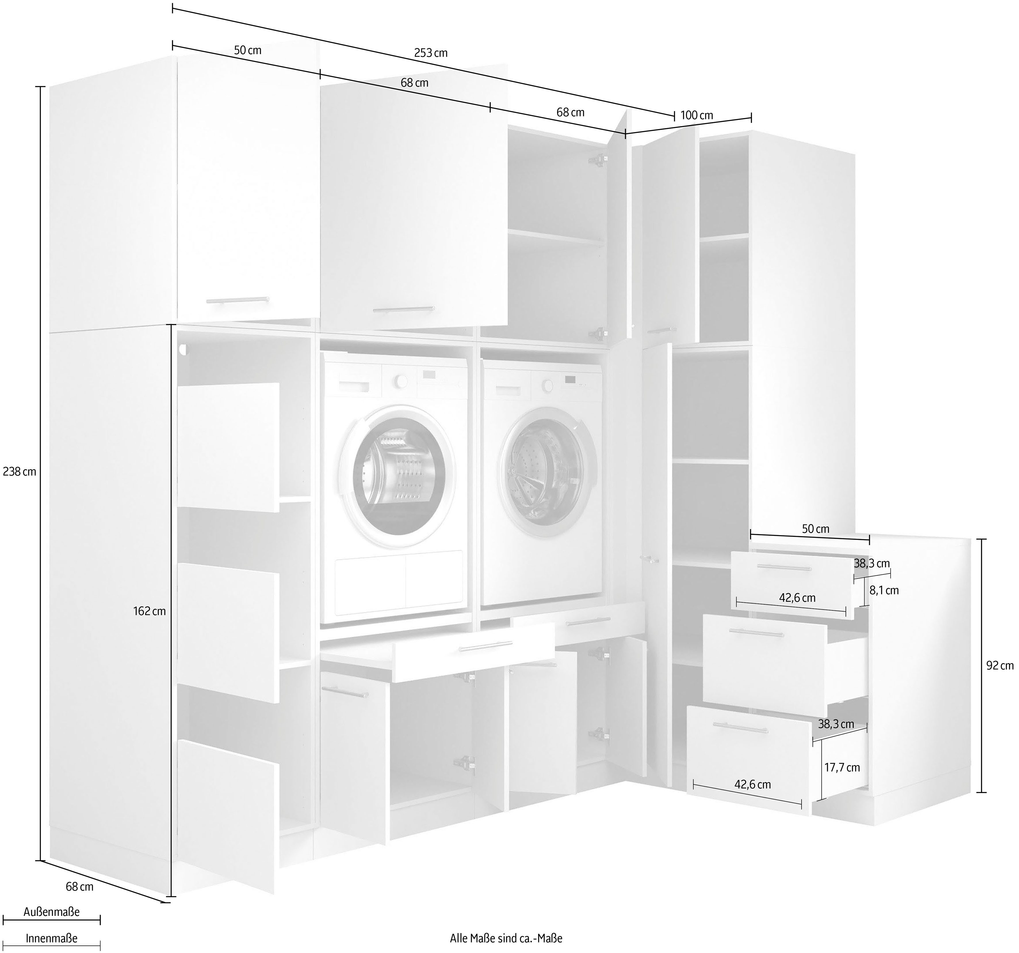 Laundreezy Mehrzweckschrank-Set Laundreezy, 9-tlg. Mehrzweckschrank-Set B/H/T 253/238/68 cm, (9-St), Breite 253 cm, Soft-Close-Funktion für Türen