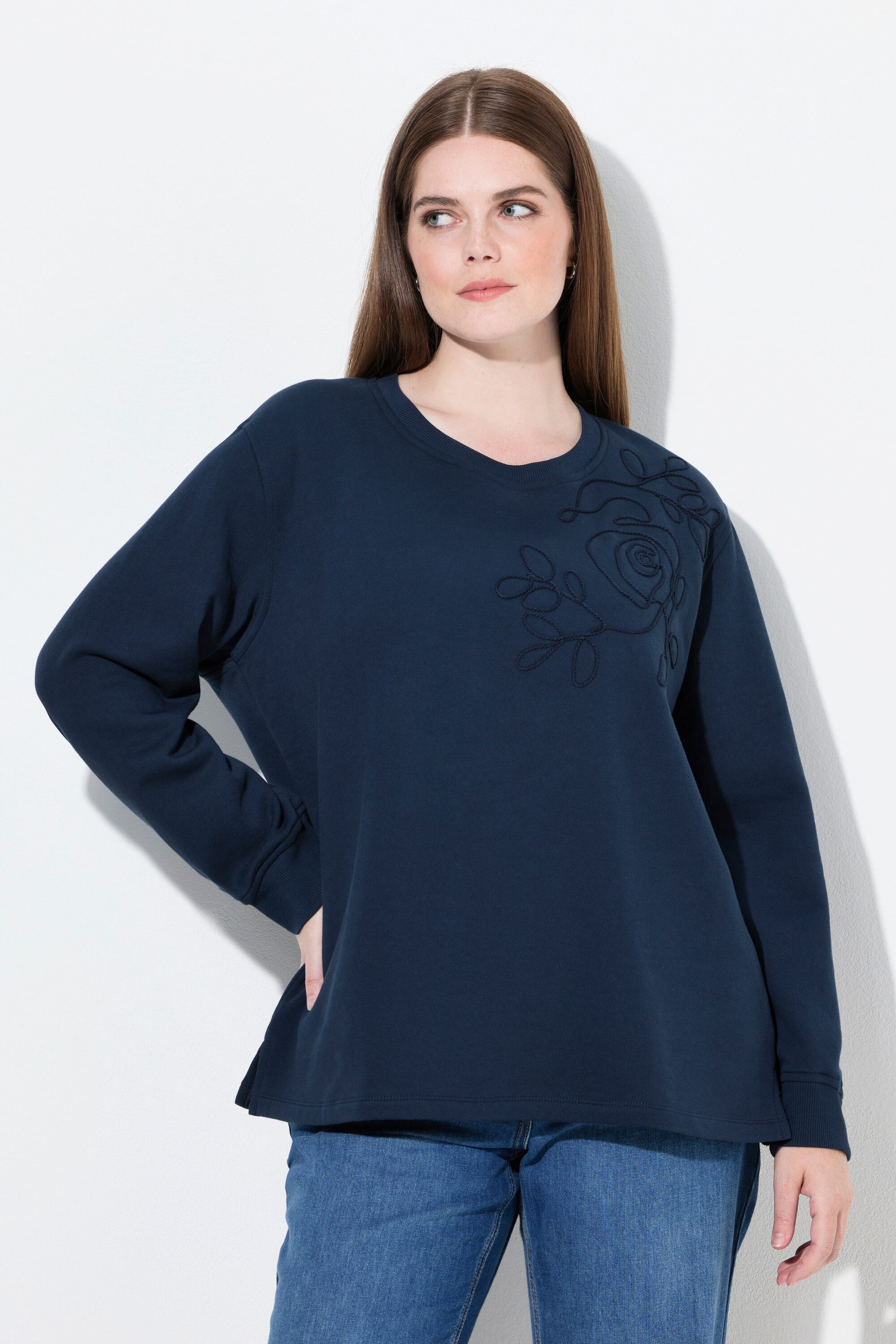 Ulla Popken Sweatshirt Sweatshirt Stickerei Rundhals Langarm Biobaumwolle