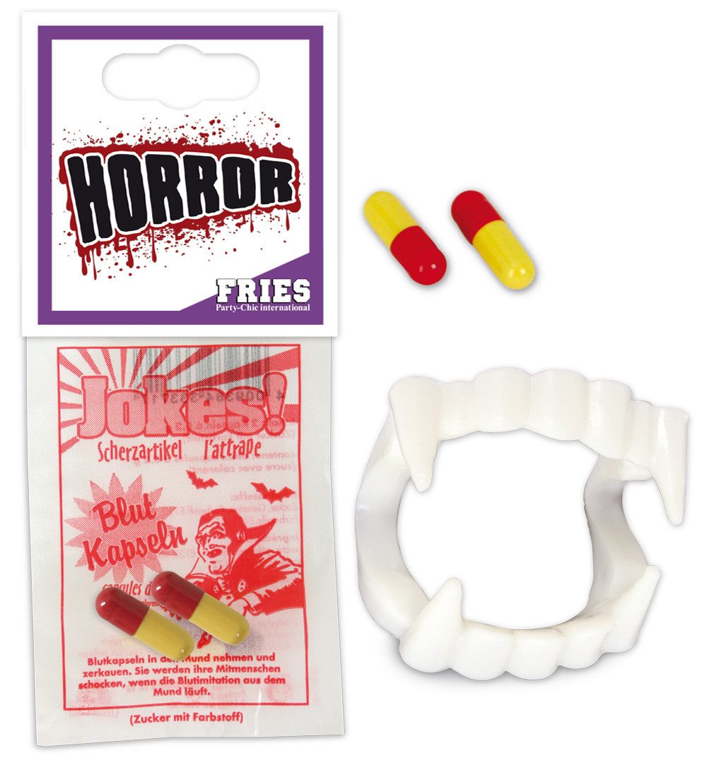 Fries Vampir-Kostüm Vampir Set Vampirzähne + 2 x Blutkapseln Kunstblut Karneval Halloween