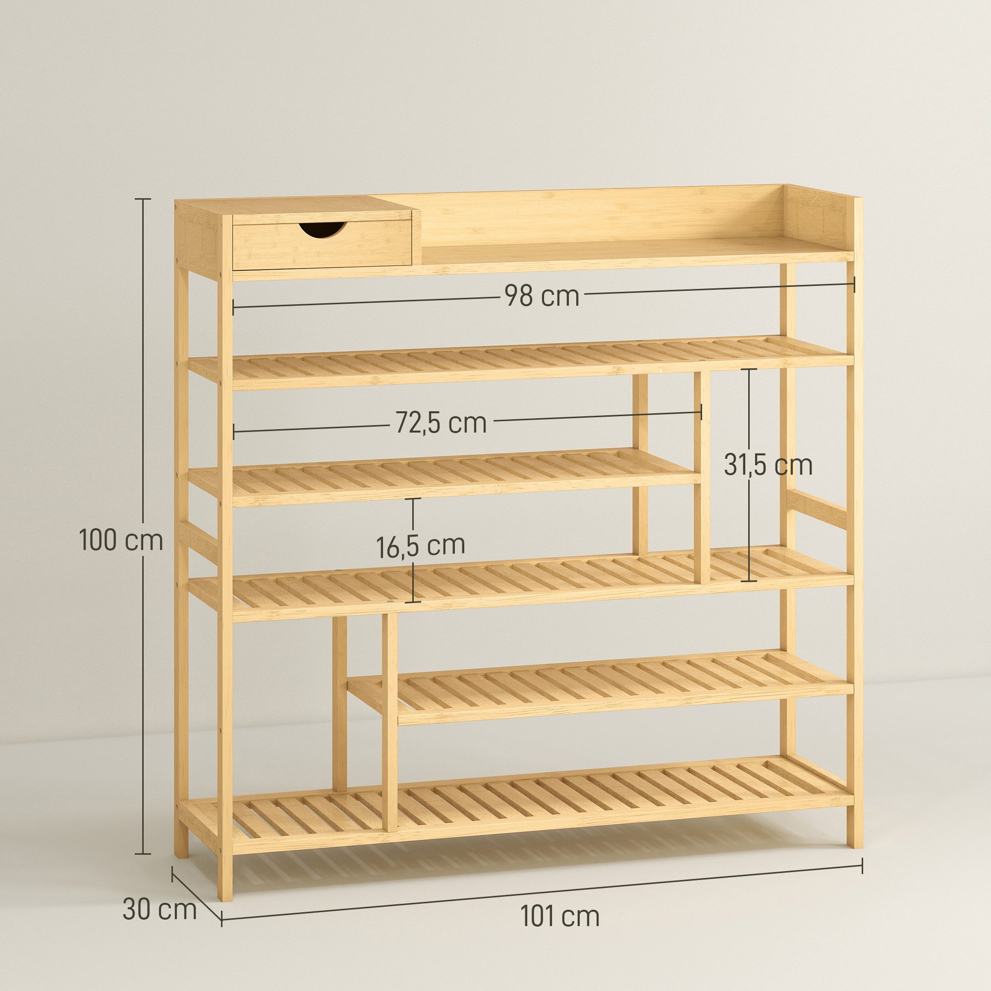 HOMCOM Schuhregal mit 6 Ebenen, Schublade aus Bambus, für max. 18 Paar Schuhe, Schuhständer 1-tlg., für Eingang, Schlafzimmer, 101 x 30 x 100 cm, Natur