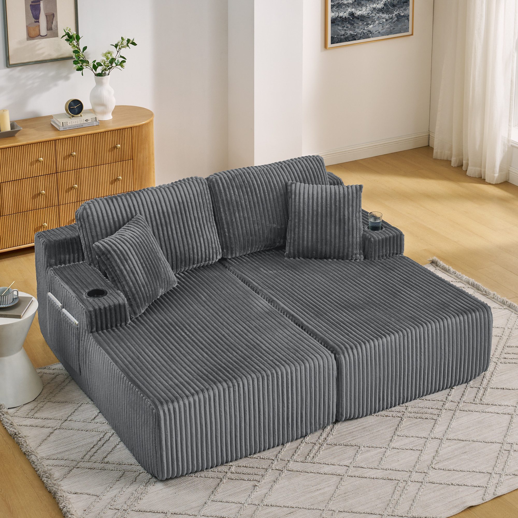 Celya Sofa 2-Sitzer Relax-Schlafsofa, Lounge-Sessel, weich Kordstoff, mit seitlicher Magazintasche, Getränkehalter und Kissen, für Wohnzimmer, Spielzimmer, Arbeitszimmer, Gästezimmer und Wohnung