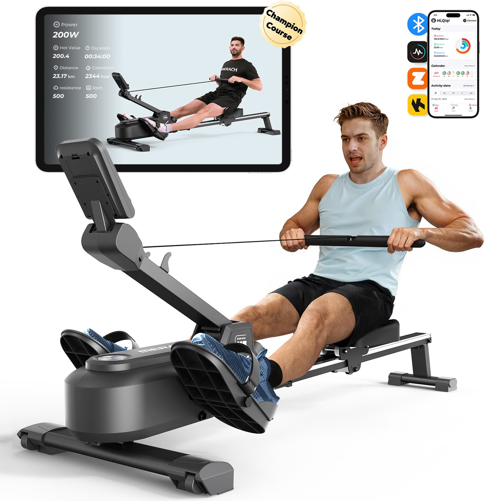 MERACH Rudergerät Rudergerät Heimtrainer Krafttraining - 16 Magnet-Widerstandsstufen (Hai-Aussehen, mit LCD-Monitor, extra leises Magnetbremssystem, mit Exklusiver Interaktiver APP und Spielen, Kinomap App-Kompatibel), Leicht zu Montieren, Geeignet für Ga
