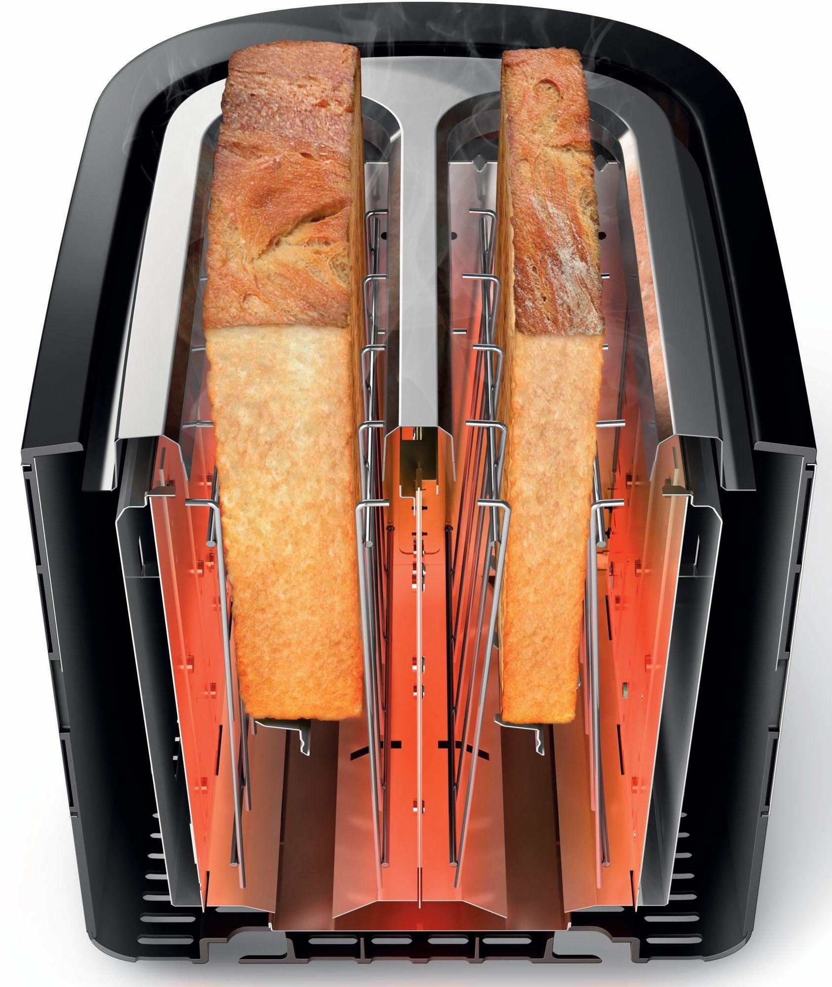 Philips Toaster HD2637/90 Viva Collection, 2 kurze Schlitze, für 2 Scheiben, 950 W, Brötchenaufsatz, Krümelschublade, 7 Bräunungsstufen, Silber