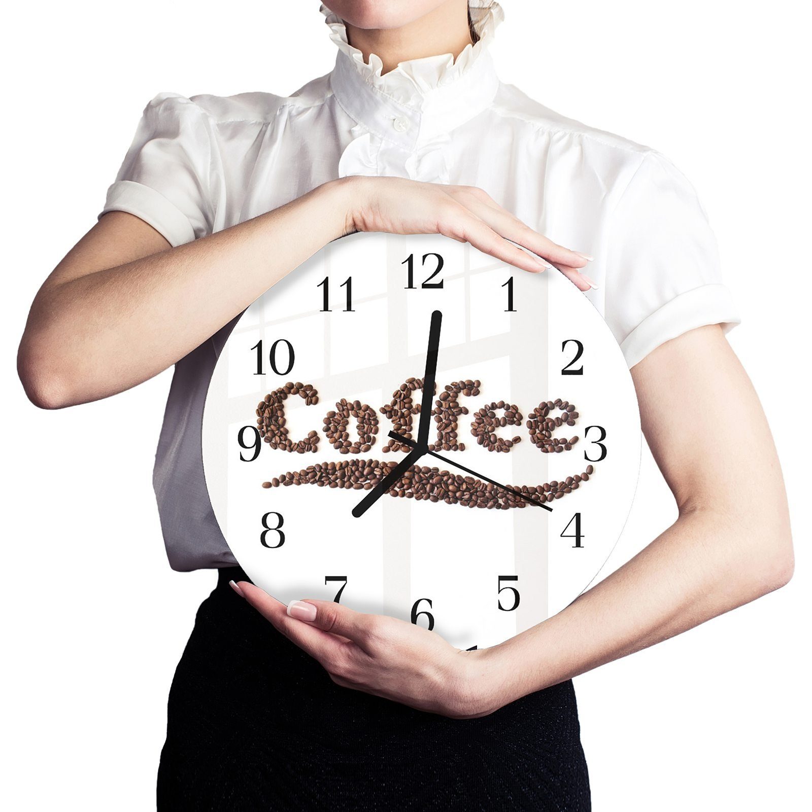 aus Logo Wanduhr aus 30 cm Motiv Glas - Kaffeebohnen Quarzuhrwerk Wanduhr Rund mit Primedeco und mit Durchmesser