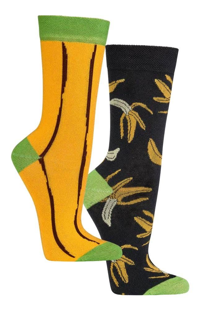 FussFreunde Freizeitsocken 2 Paar Fun Socken, Spaß mit Socken, über 70 Motive, ANTI-LOCH-GARANTIE Banana