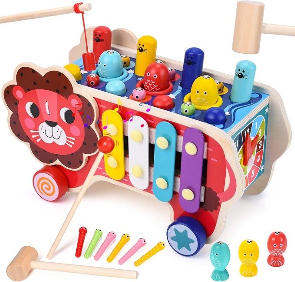 Spielcenter 7-in-1 Holzspiel: Klopf, Angel, Hammer, Xylo, Uhr, Montessori, Motorik