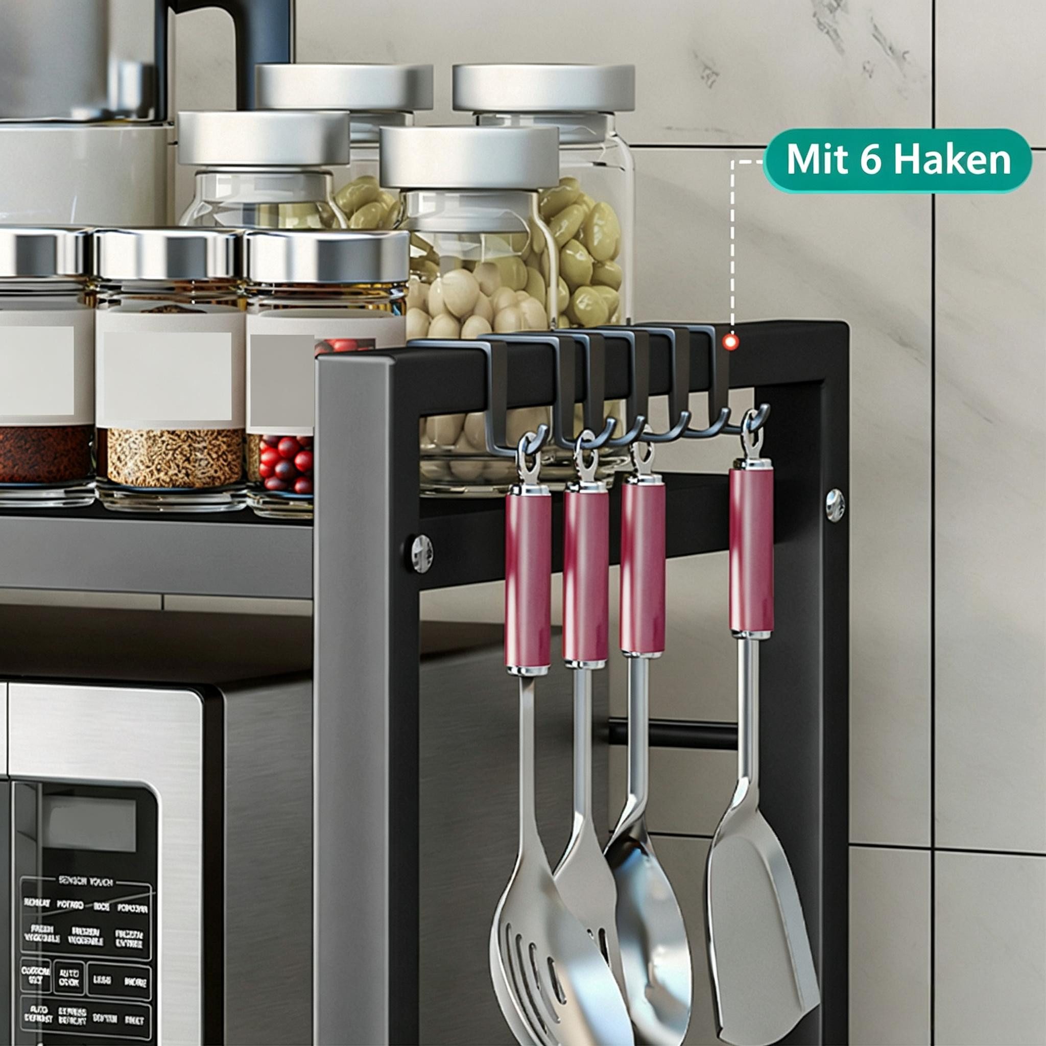 devesanter Küchenregal Dreistöckiges ausziehbares Mikrowellen-Regal, Verstellbar 40–64 cm, mit 6 Haken, Ablagegestell für Mikrowelle und Küchenutensilien – Bild 5 von 5