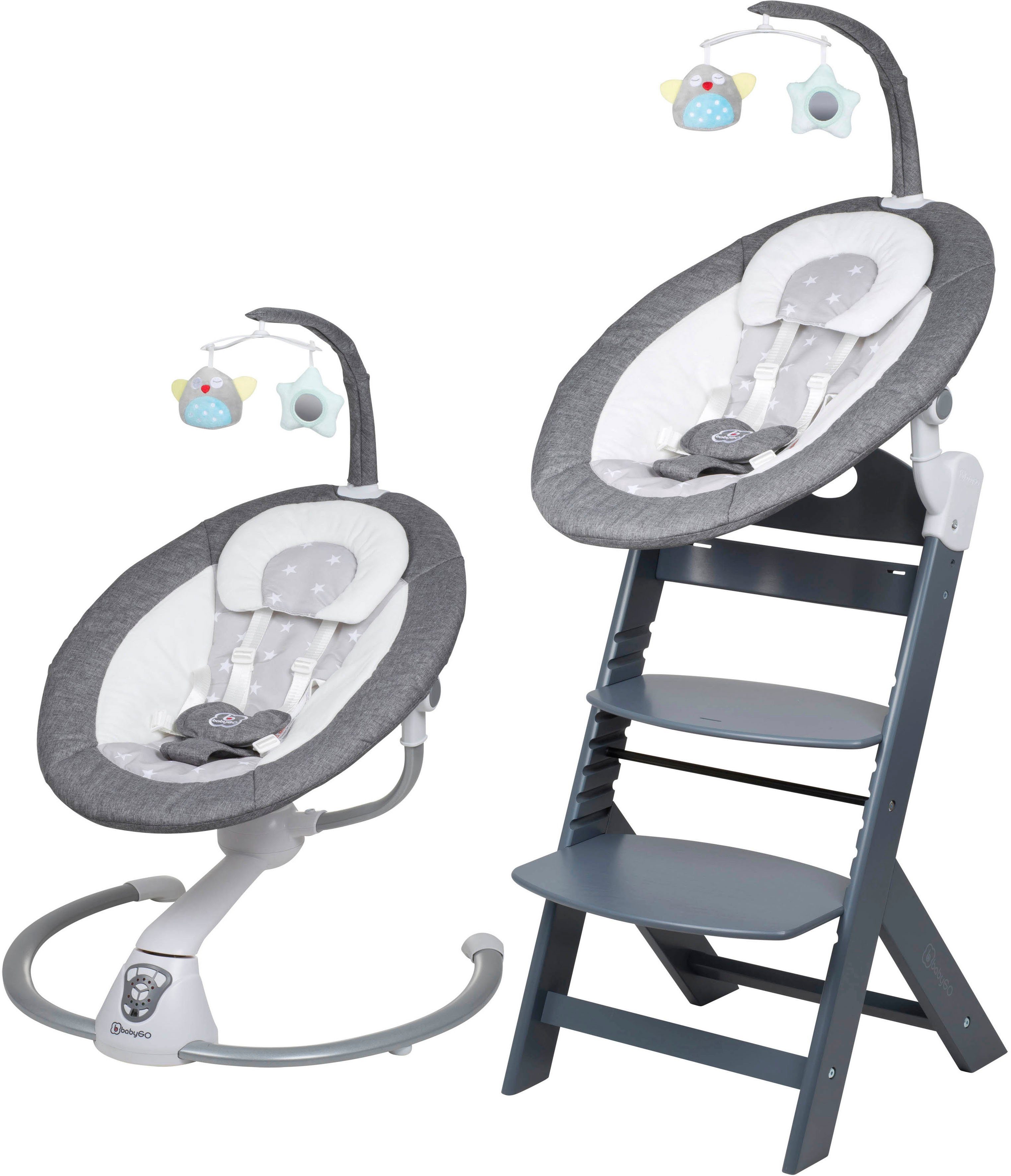 BabyGo Hochstuhl Family Homey Set, grau/hellgrau, mit elektrischer Babywippe inkl. Spielbogen