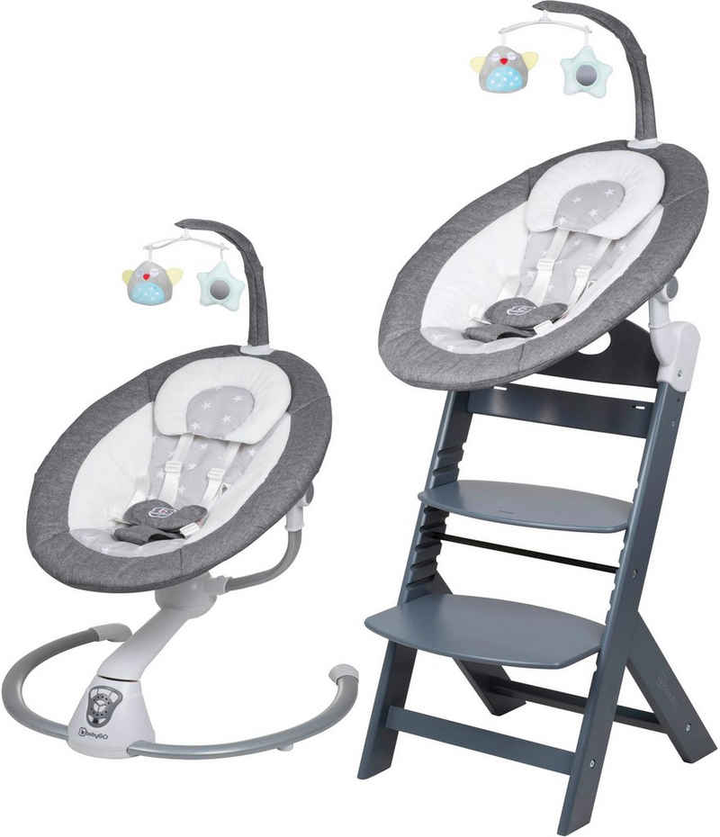 BabyGo Hochstuhl Family Homey Set, grau/hellgrau, mit elektrischer Babywippe inkl. Spielbogen