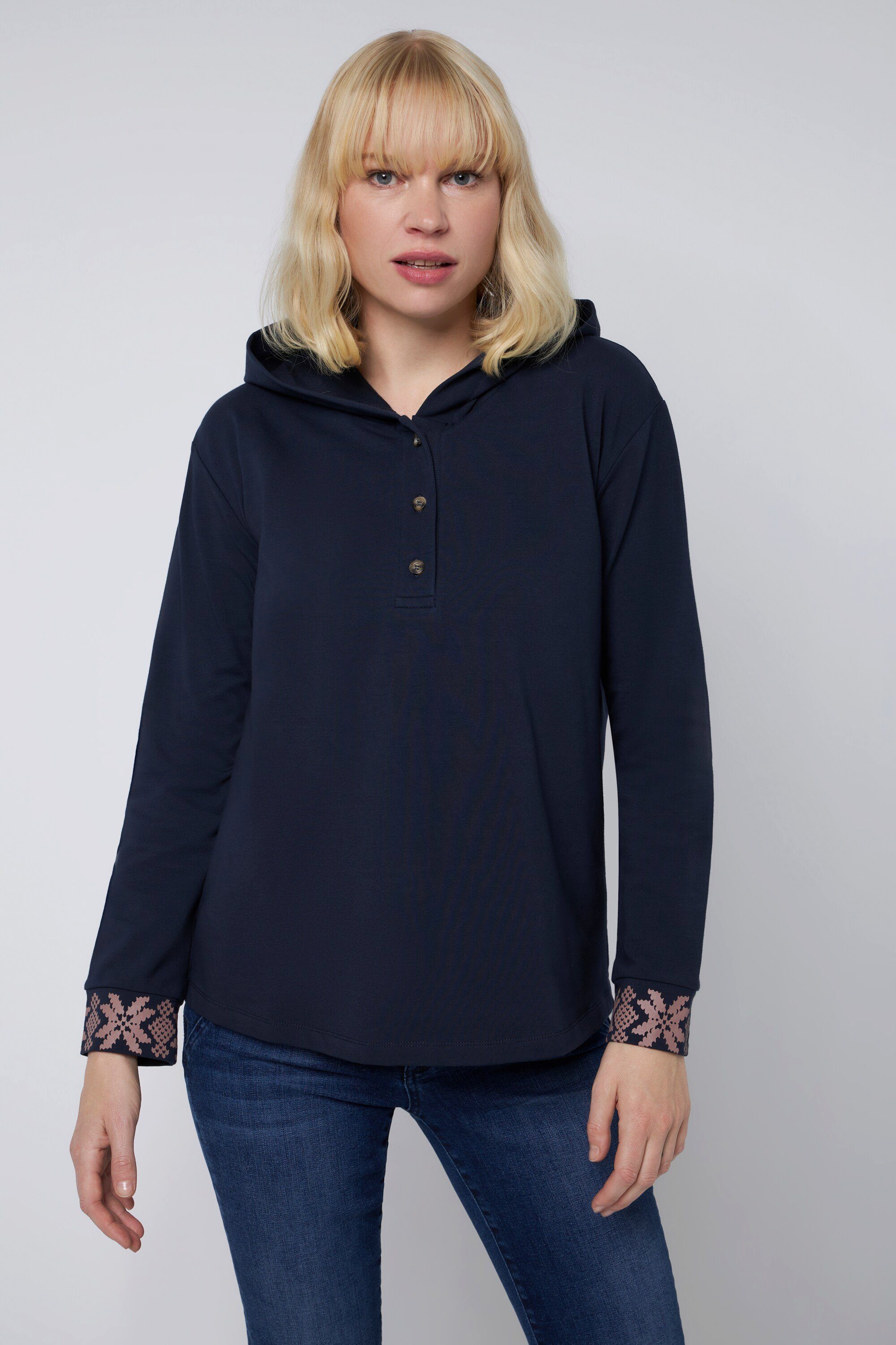 Hoodie mit Kapuze Longsleeve dunkelblau Gina Norweger-Muster Langarm Laura