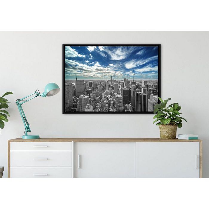 Pixxprint Leinwandbild New York unter bewölktem Himmel Wanddekoration (1 St) Leinwandbild fertig bespannt in einem Schattenfugen-Bilderrahmen gefasst inkl. Zackenaufhänger
