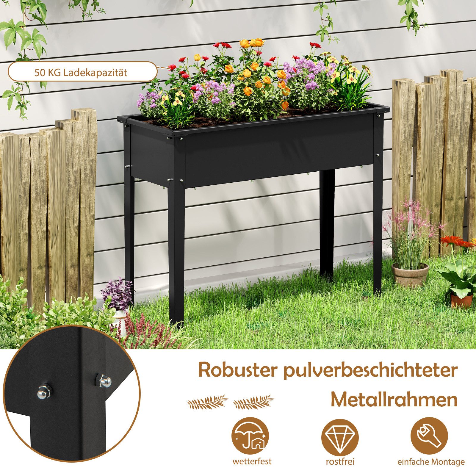 COSTWAY Hochbeet (1 St), Blumenkasten, erhöhtes Gartenbeet, Metall, 100x40x80cm