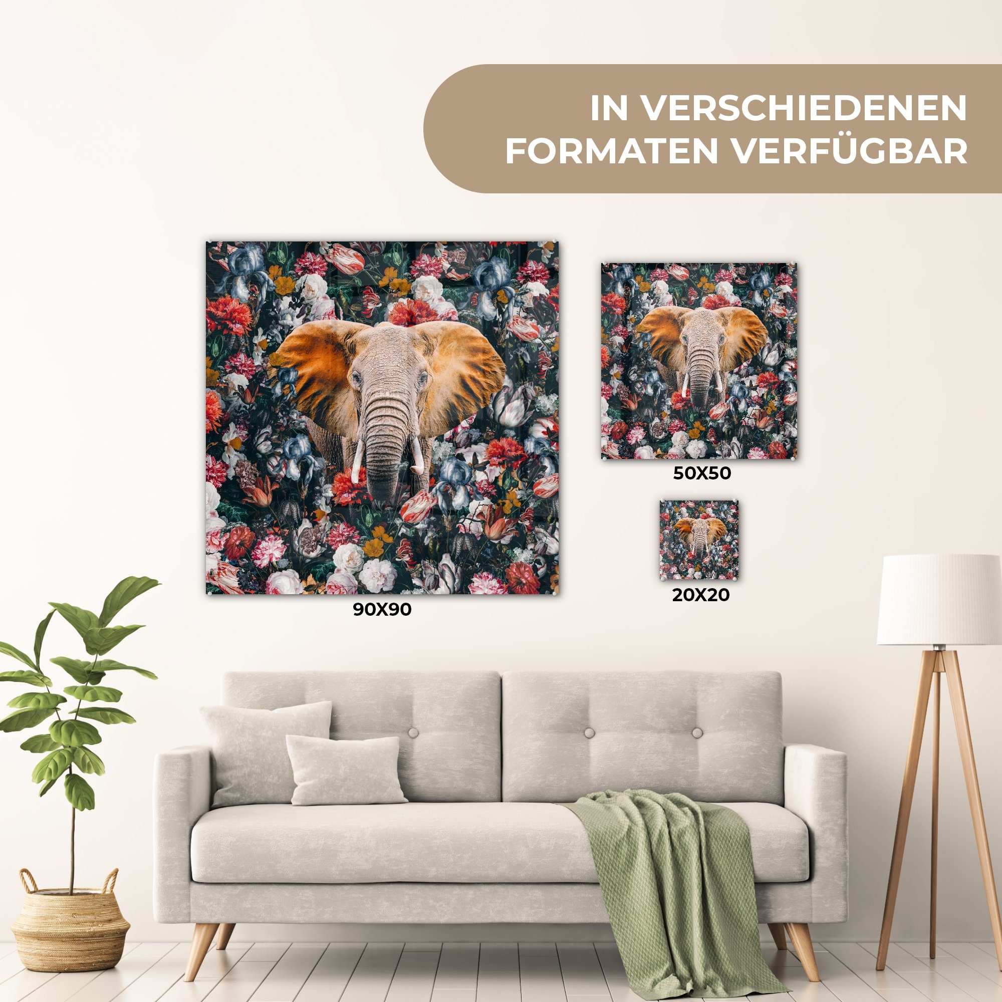 auf - St), Elefant Tasse, Wanddekoration - Glasbilder Blumen MuchoWow auf Foto - Bilder Acrylglasbild - - Wandbild (1 Glas Glas
