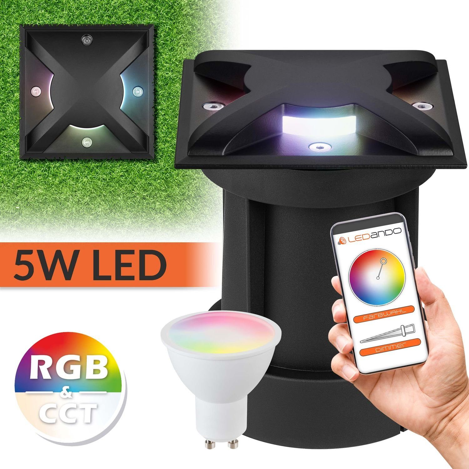 LEDANDO LED Einbaustrahler 5W WiFi LED Bodeneinbaustrahler Set mit 3 Lichtauslässen - Smart App s