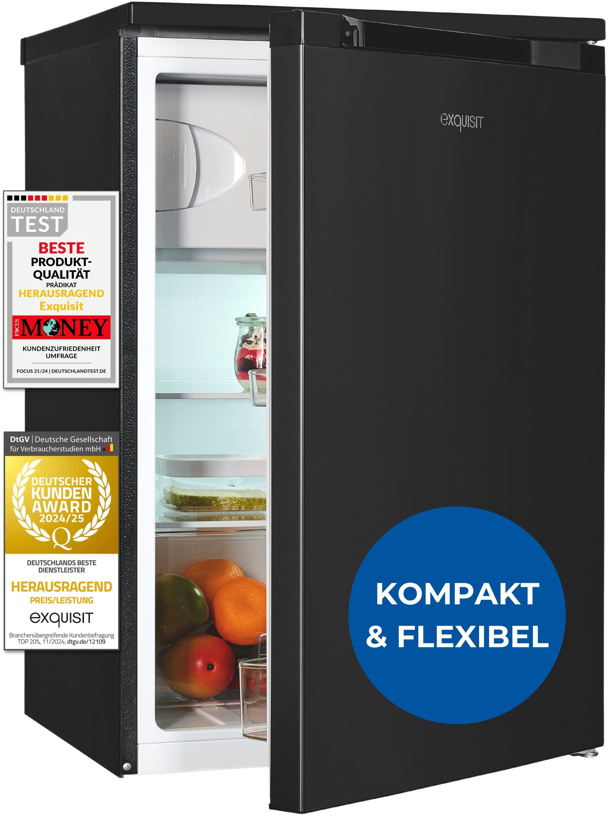 exquisit Kühlschrank KS15-4-051C inoxlook-az, 84,5 cm hoch, 54,9 cm breit, Flexibel & geräumig: 107 L Mini-Kühlschrank mit 4-Sterne Gefrierfach